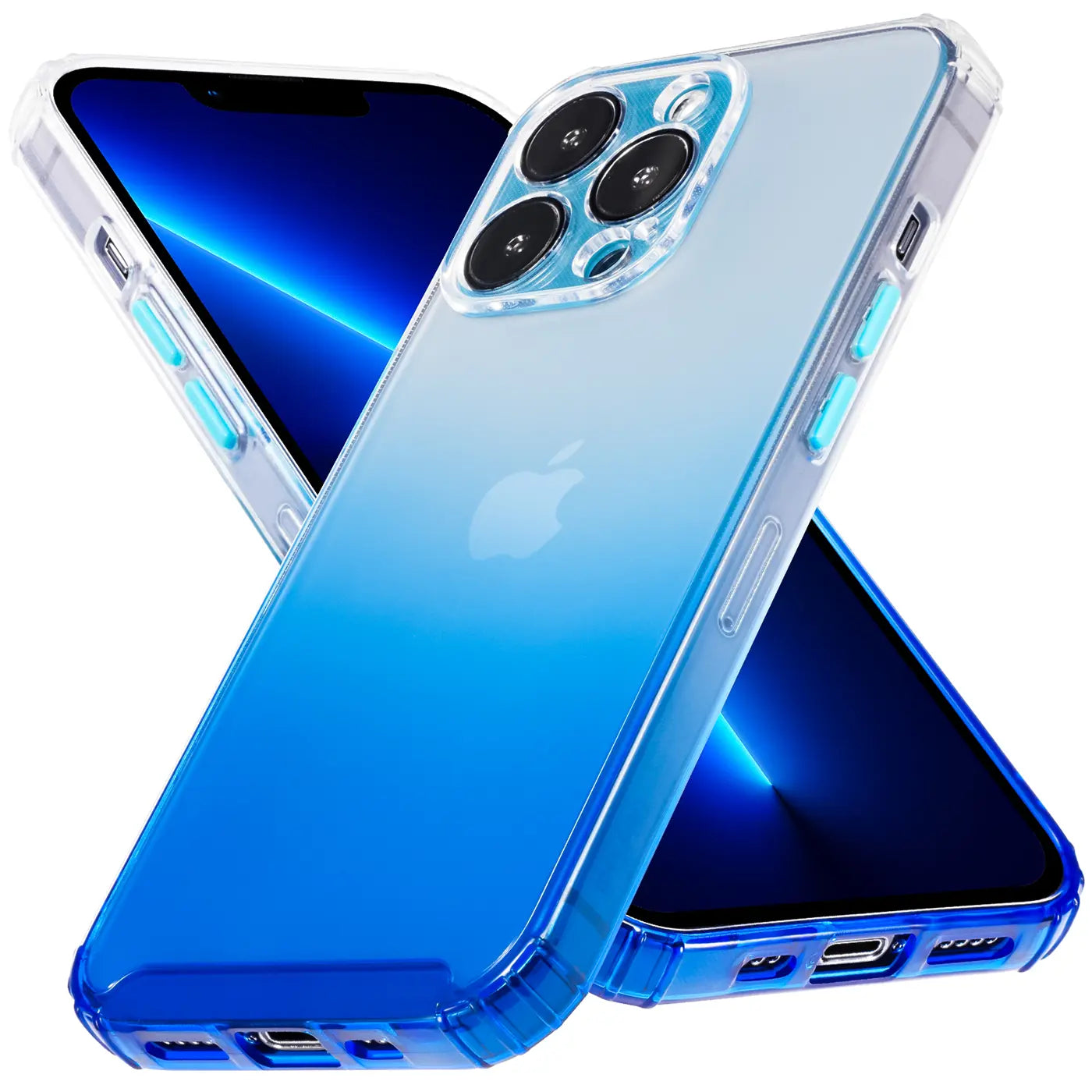 iPhone 13 Pro Hülle, transparent mit blauem Farbverlauf, von vorne/hinten, aus Kunststoff.