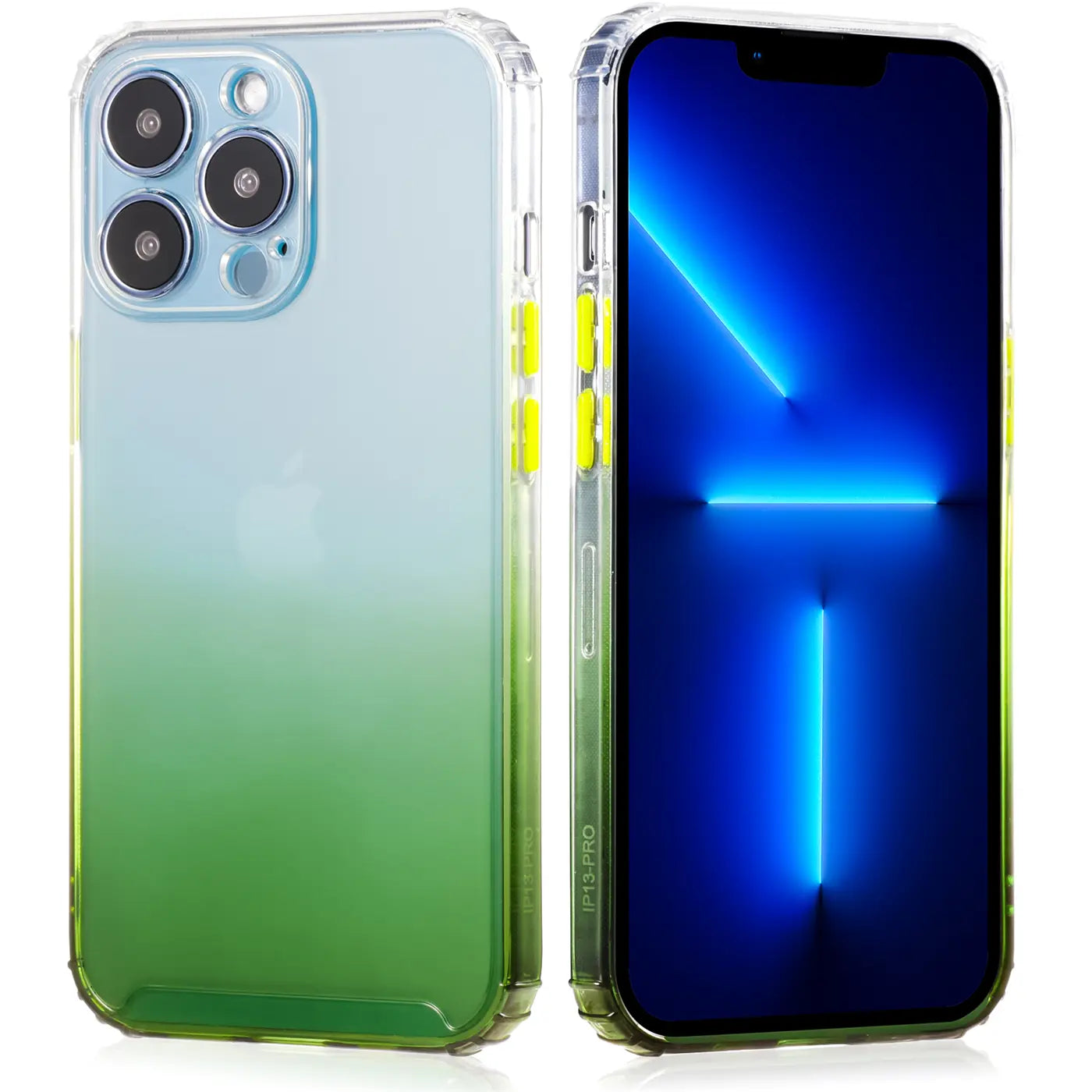 iPhone 13 Pro Hülle, transparent mit Farbverlauf (blau/grün), von vorne und hinten gezeigt.