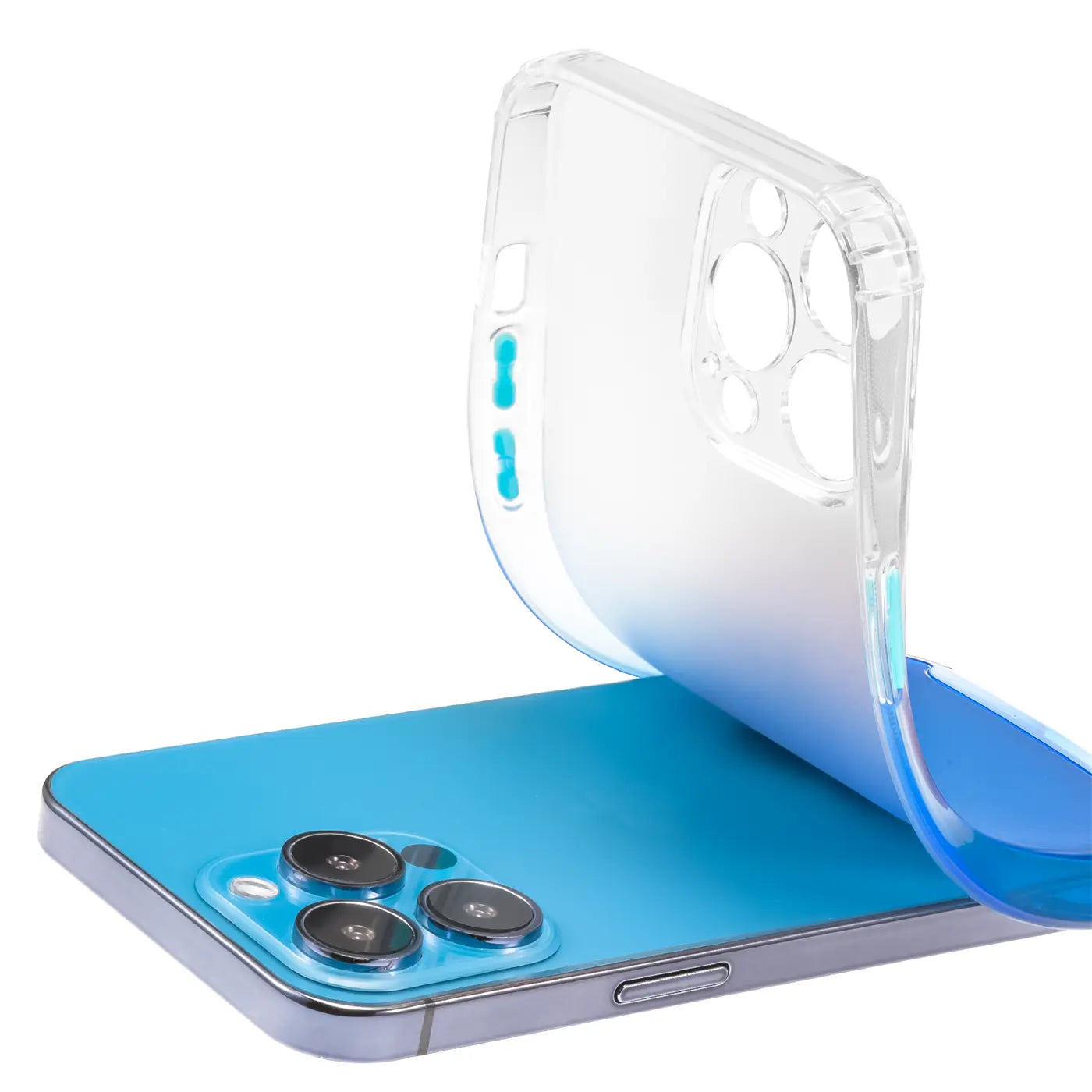 Transparente Hülle mit Farbverlauf auf blauem iPhone 13 Pro Max, von oben gesehen.