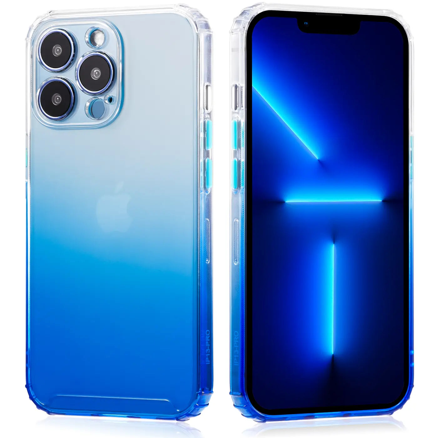 iPhone 13 Pro Max Hülle, transparent mit blauem Farbverlauf, Rückseite und Vorderseite gezeigt.