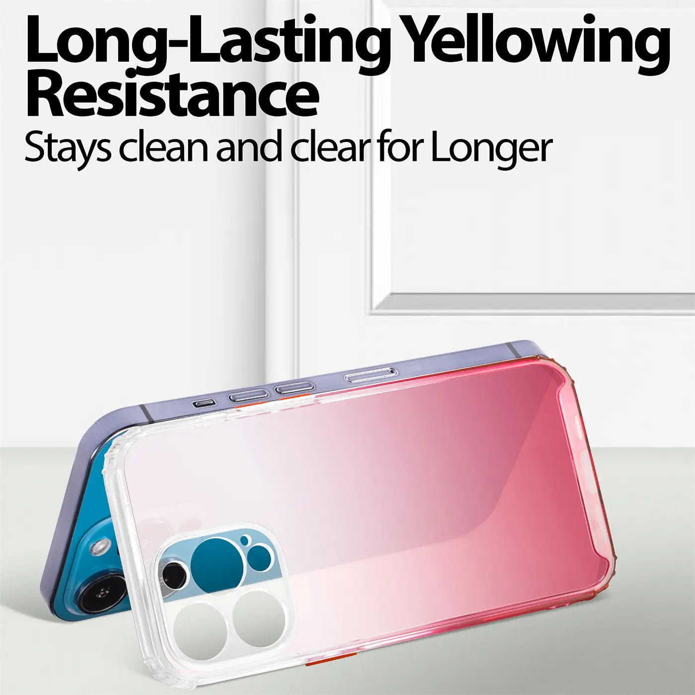 iPhone 13 Pro Max Hülle, pinker Farbverlauf, transparent, von hinten gesehen.
