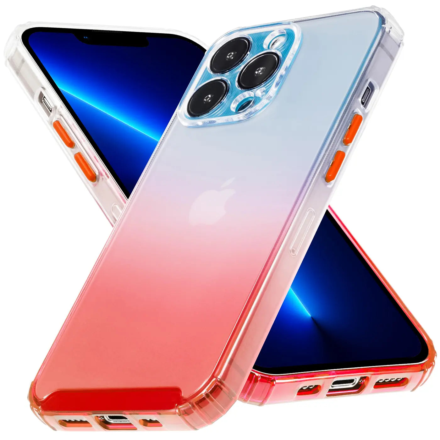 iPhone 13 Pro Hülle, Farbverlauf transparent/rot, TPU, von schräg oben, mit zwei Geräten.