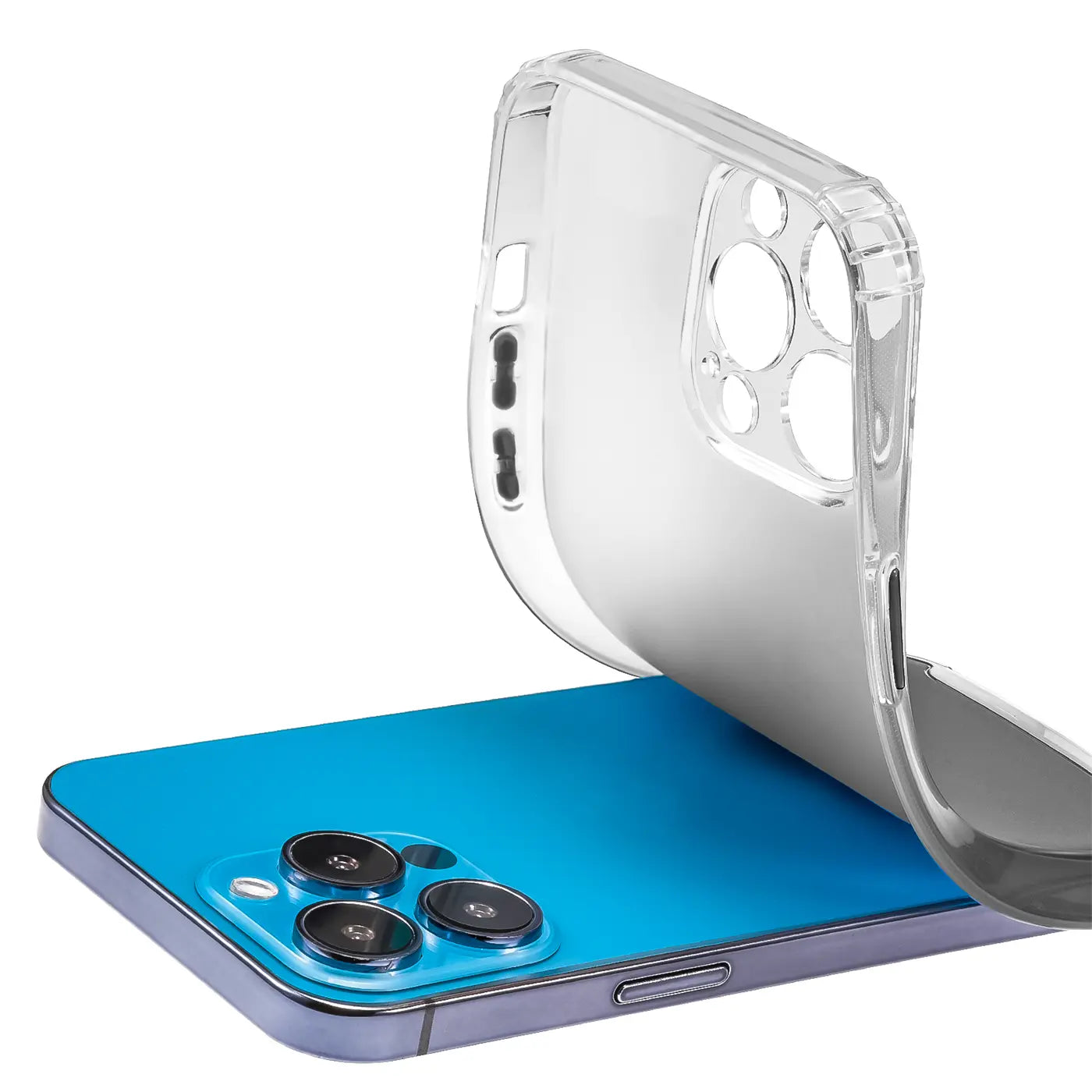 Transparente Hülle aus Kunststoff, von oben auf ein blaues iPhone 13 Pro