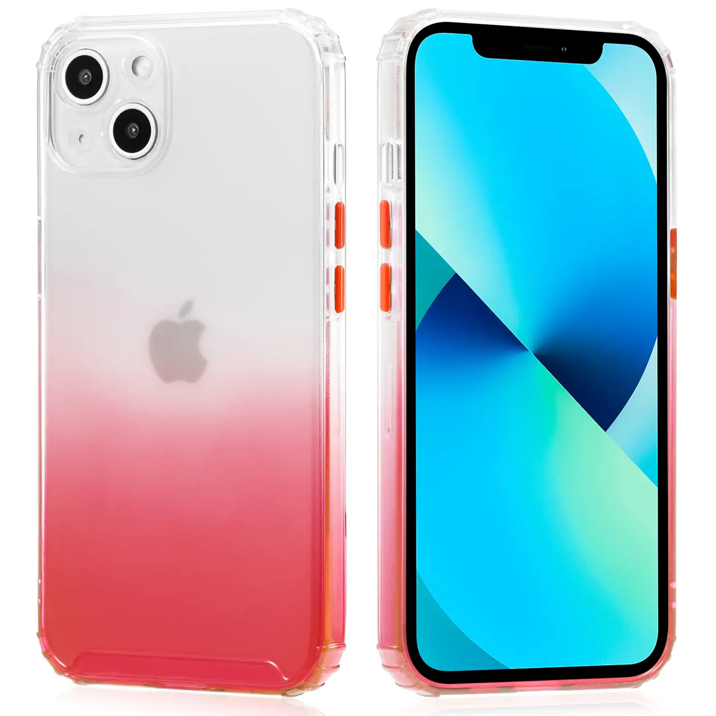 iPhone 13 Hülle, transparent mit Farbverlauf (rot), TPU, Vorder- und Rückansicht.