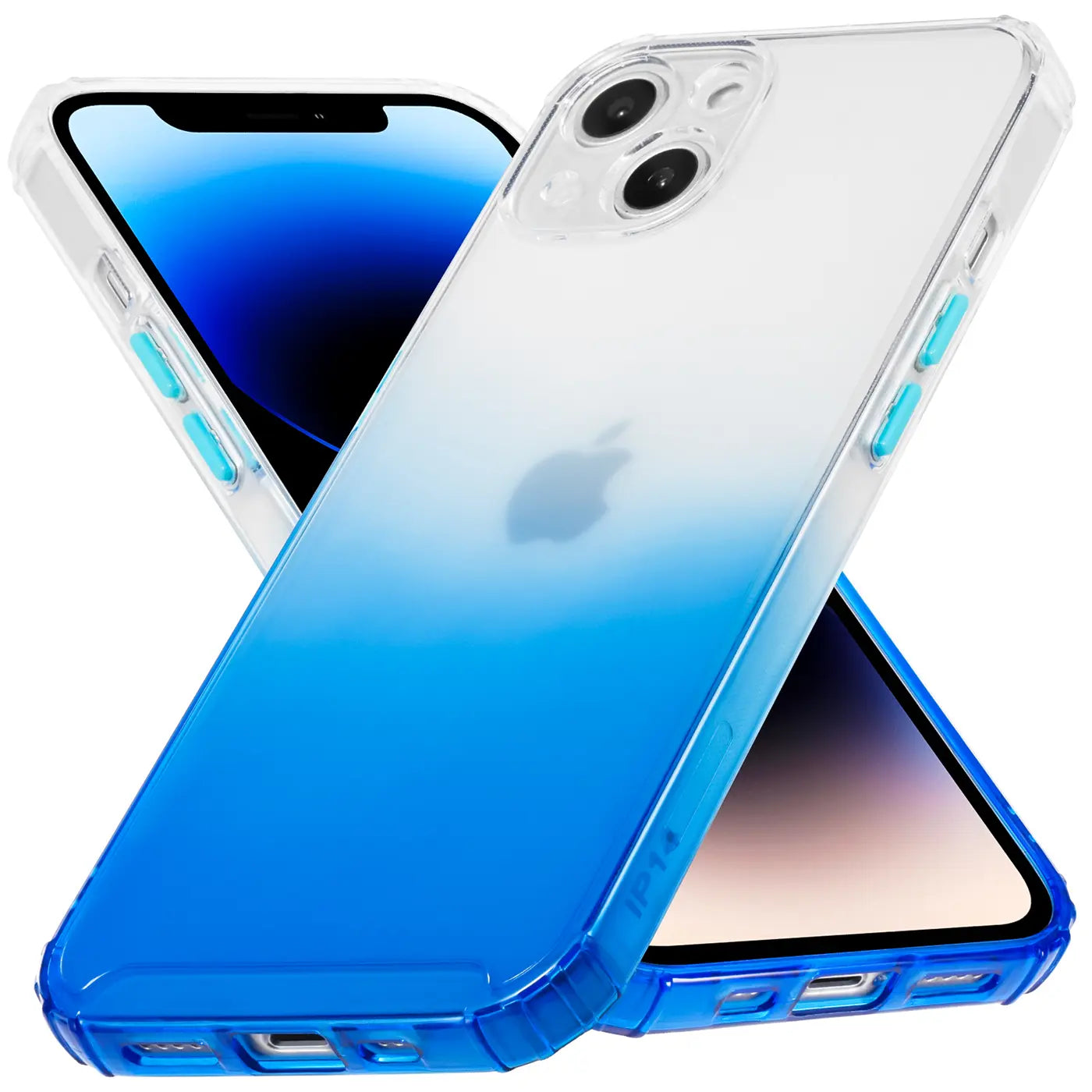 iPhone 14 Hülle, transparent mit blauem Farbverlauf, aus Kunststoff, von vorne schräg