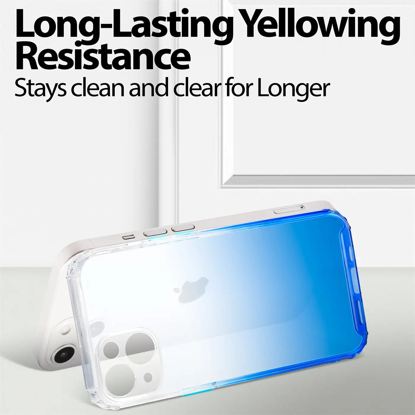 iPhone 14 Hülle, transparent mit blauem Farbverlauf, von oben/seitlich, aus Kunststoff.