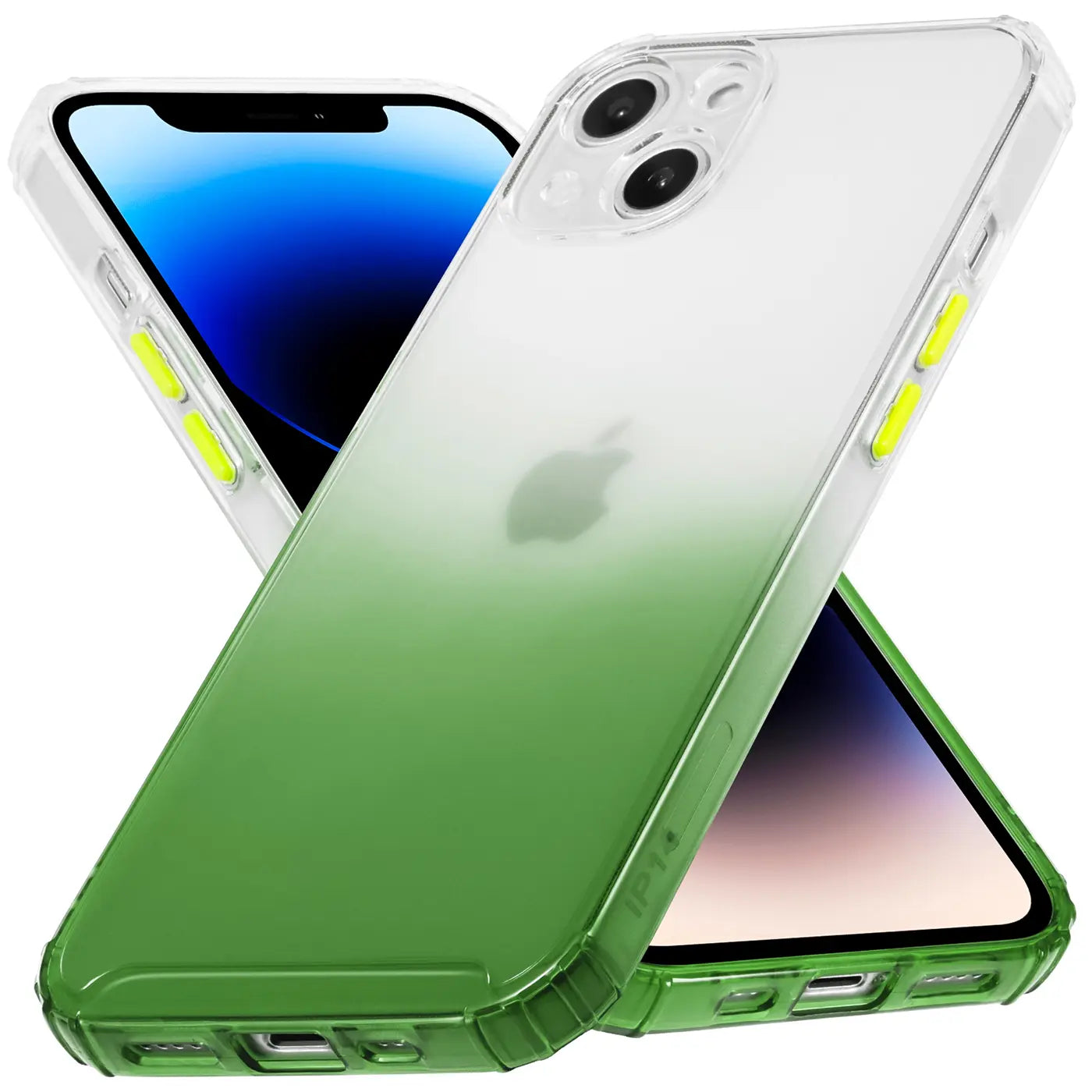 iPhone 14 Hülle, transparent mit grünem Farbverlauf, Rückansicht, aus Kunststoff.