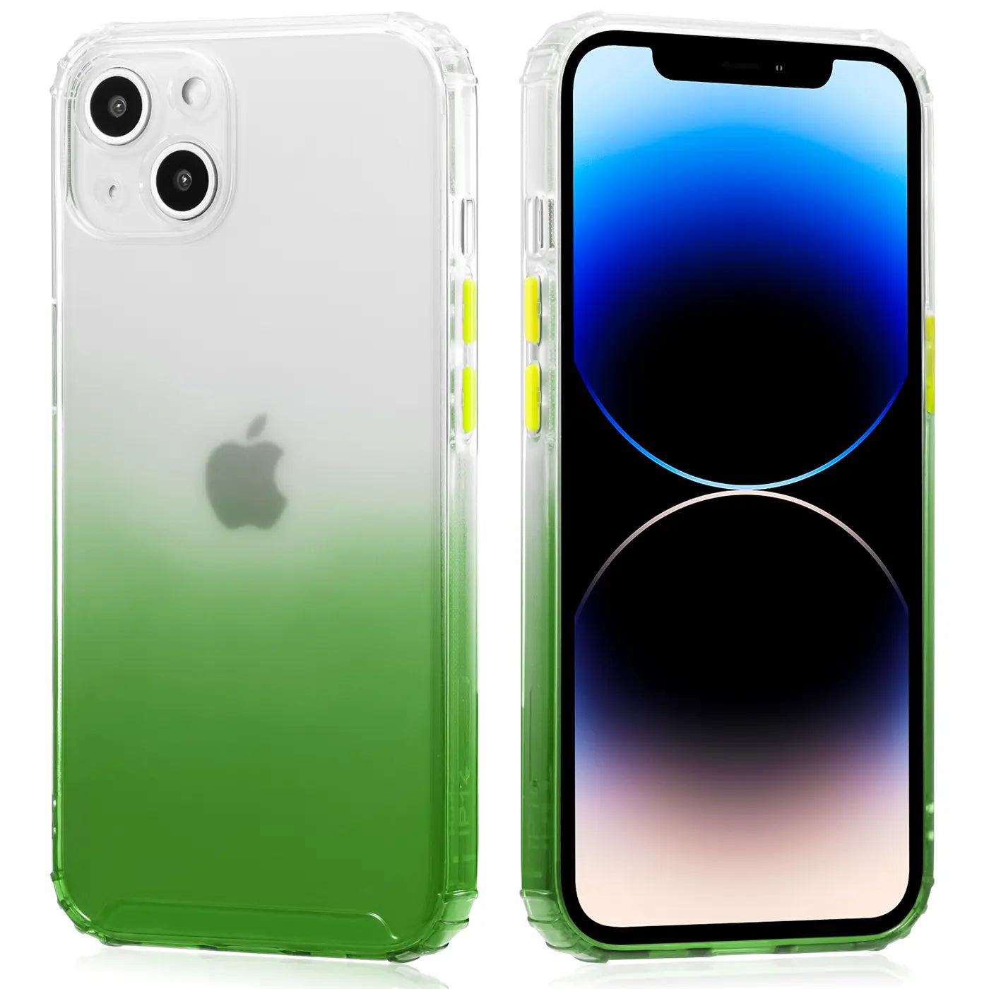 iPhone 14 Hülle, transparent mit grünem Farbverlauf, klare Rückseite, gelbe Tasten.