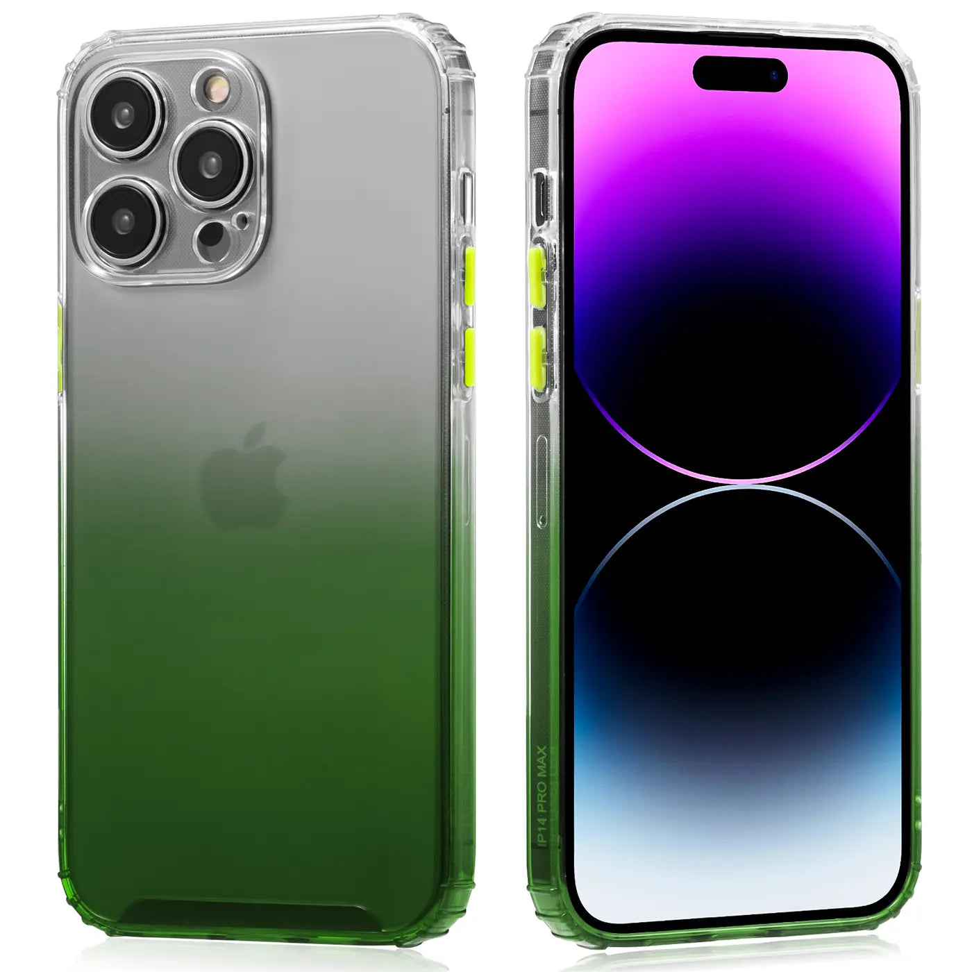 iPhone 14 Pro Hülle, transparent mit grünem Farbverlauf, Vorder- und Rückansicht.