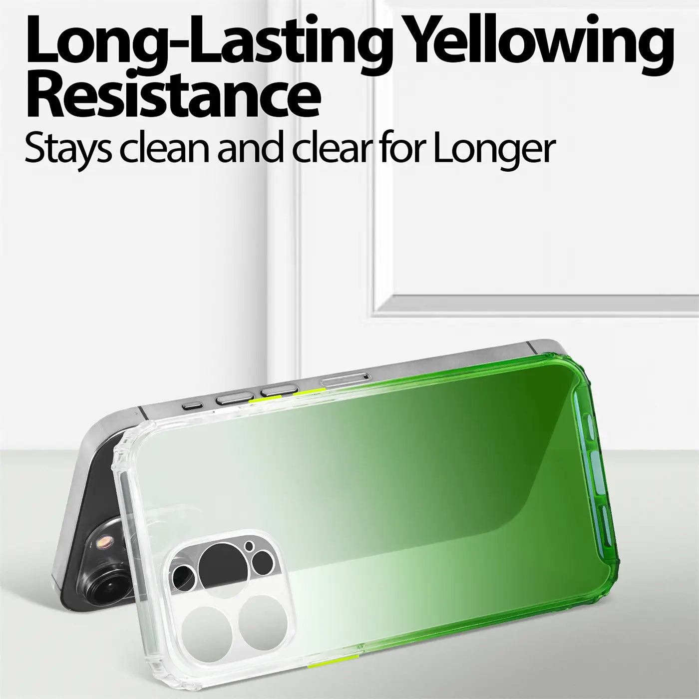 iPhone 14 Pro Hülle, transparent mit grünem Farbverlauf, aus Kunststoff, von schräg hinten
