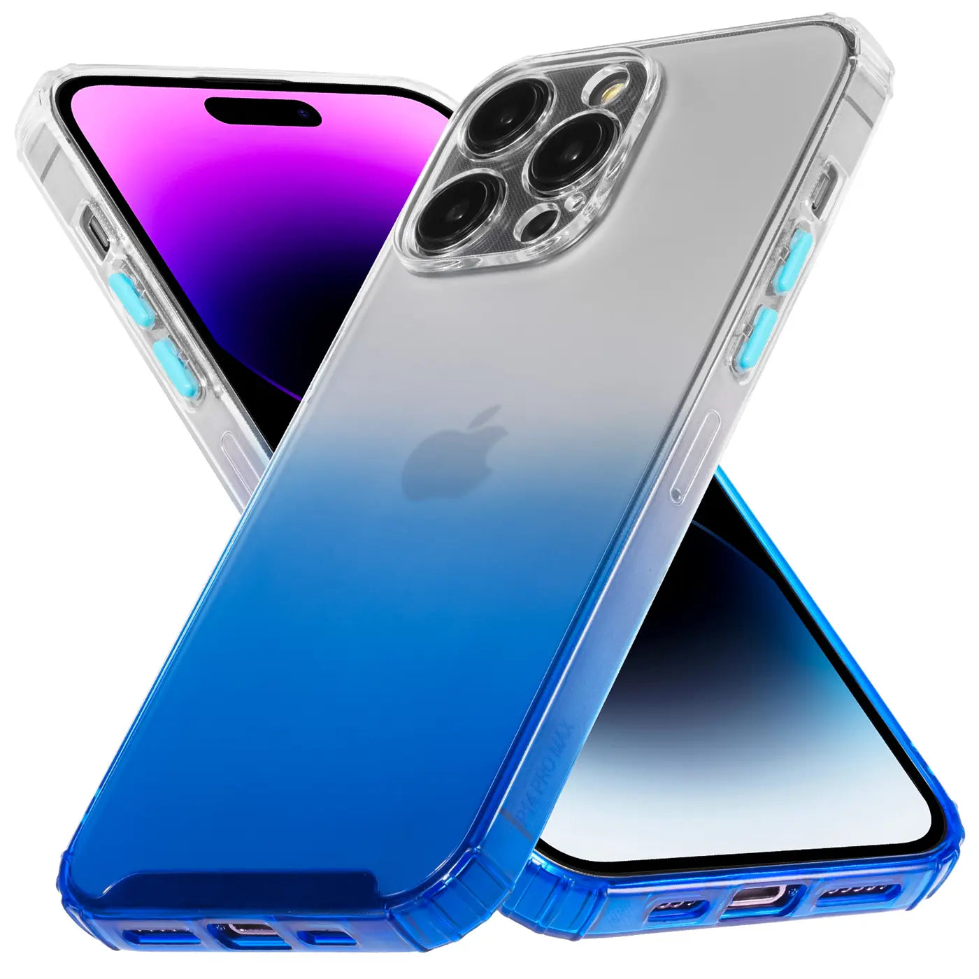 iPhone 14 Pro Max Hülle, transparent mit blauem Farbverlauf, von vorne schräg