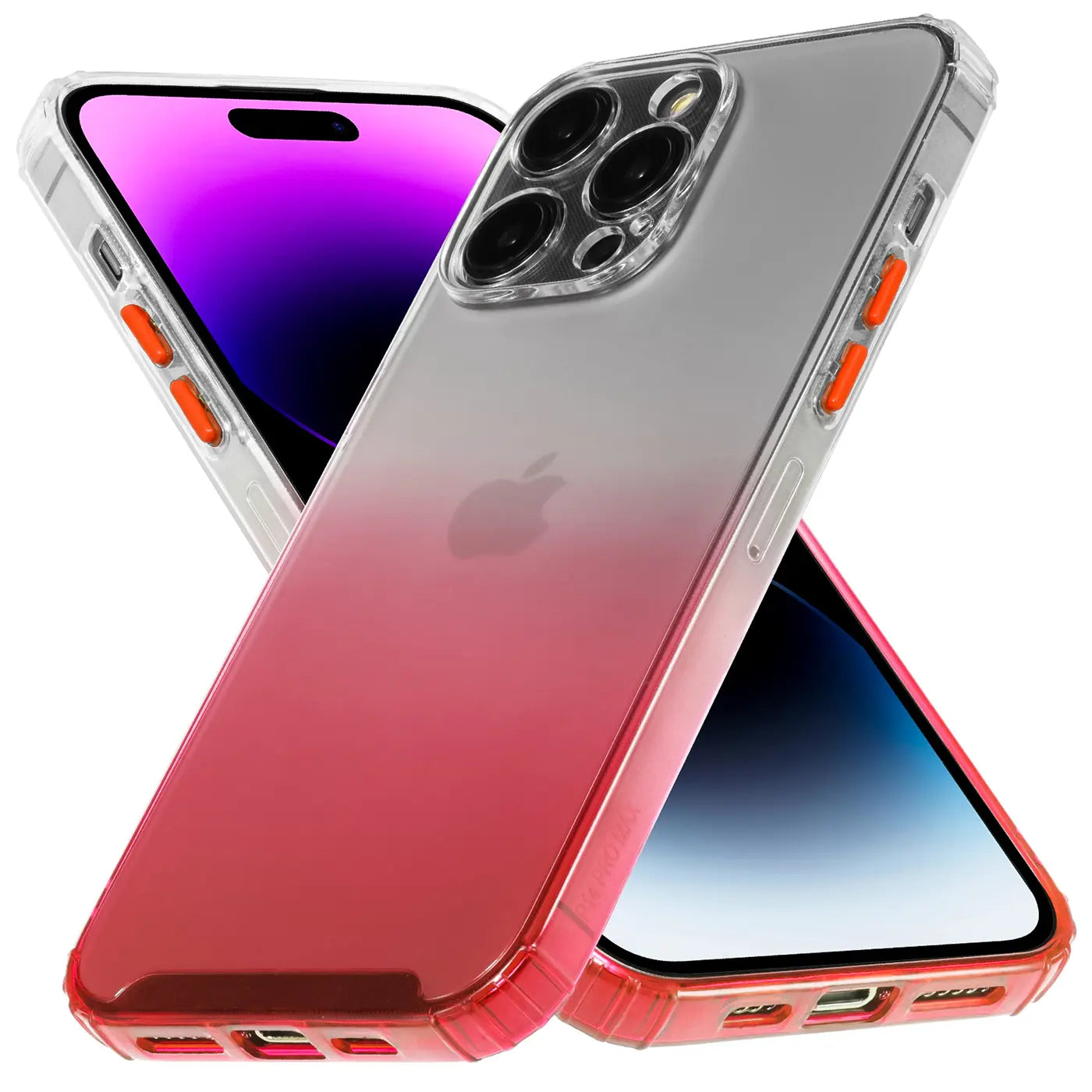 Zwei iPhone 14 Pro Max mit Farbverlauf-Hülle (rot/transparent), aus Kunststoff, von vorne/schräg.