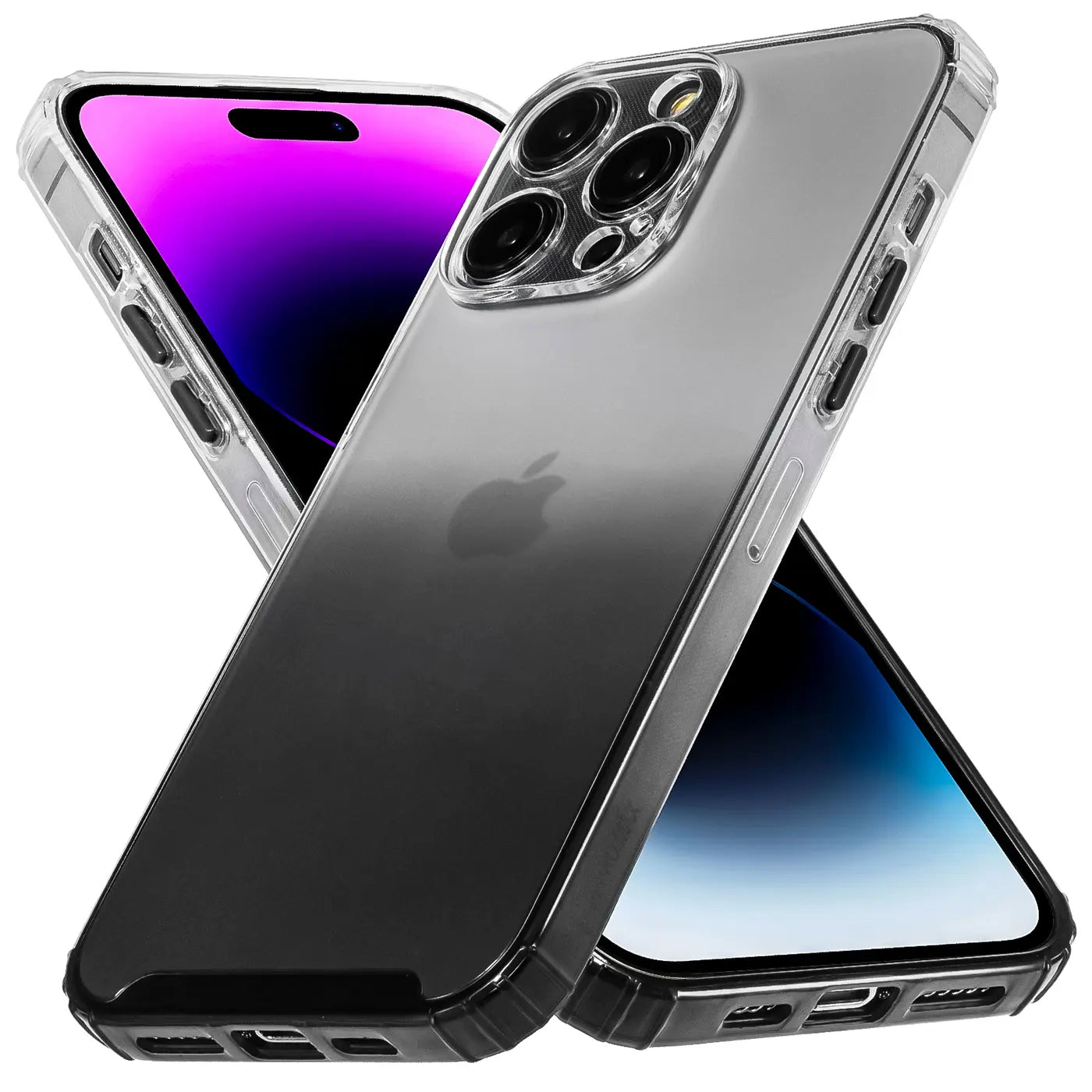 iPhone 14 Pro Max Hülle, transparent, Farbverlauf schwarz, Rückansicht, leicht schräg