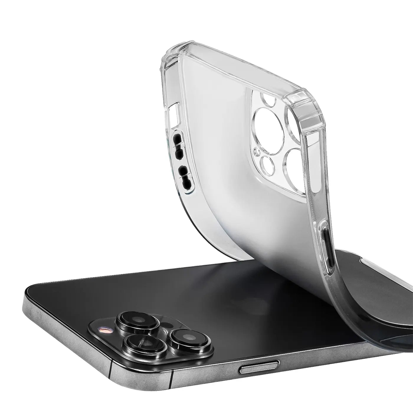 Transparente Hülle aus TPU, wird auf ein iPhone 14 Pro Max gelegt.