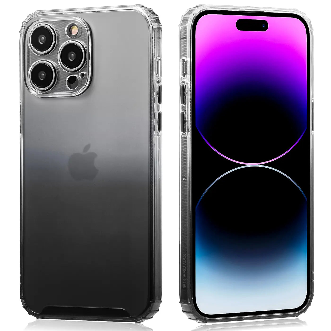 iPhone 14 Pro Max in transparenter Hülle mit Farbverlauf, Vorder- und Rückansicht.