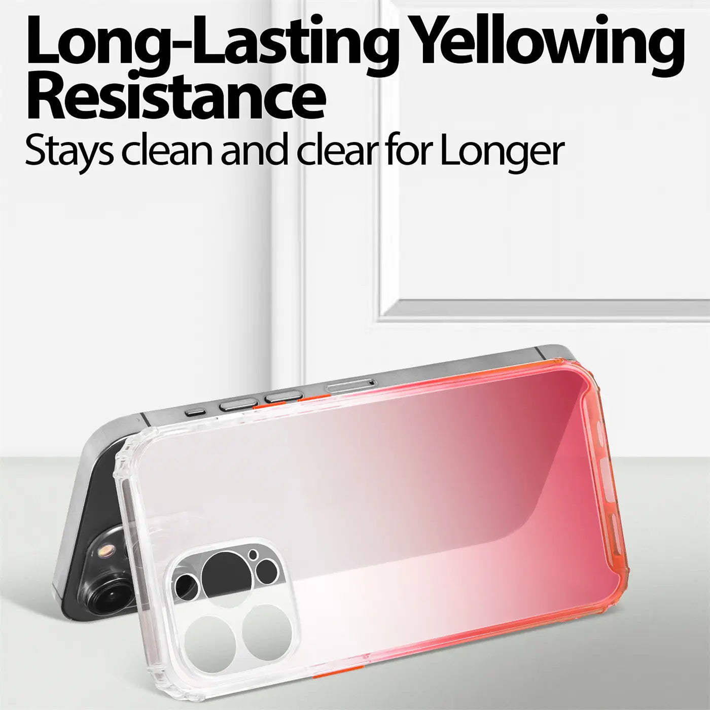 iPhone 14 Pro Hülle, transparent mit Farbverlauf (rot/orange), von schräg hinten gezeigt.
