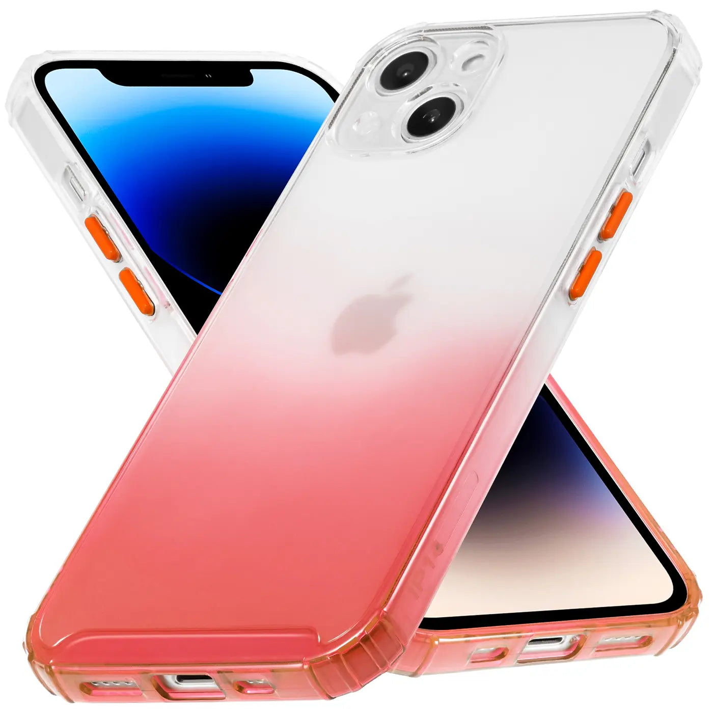 iPhone 14 Hülle, transparent mit Farbverlauf (rosa), TPU, von vorne schräg