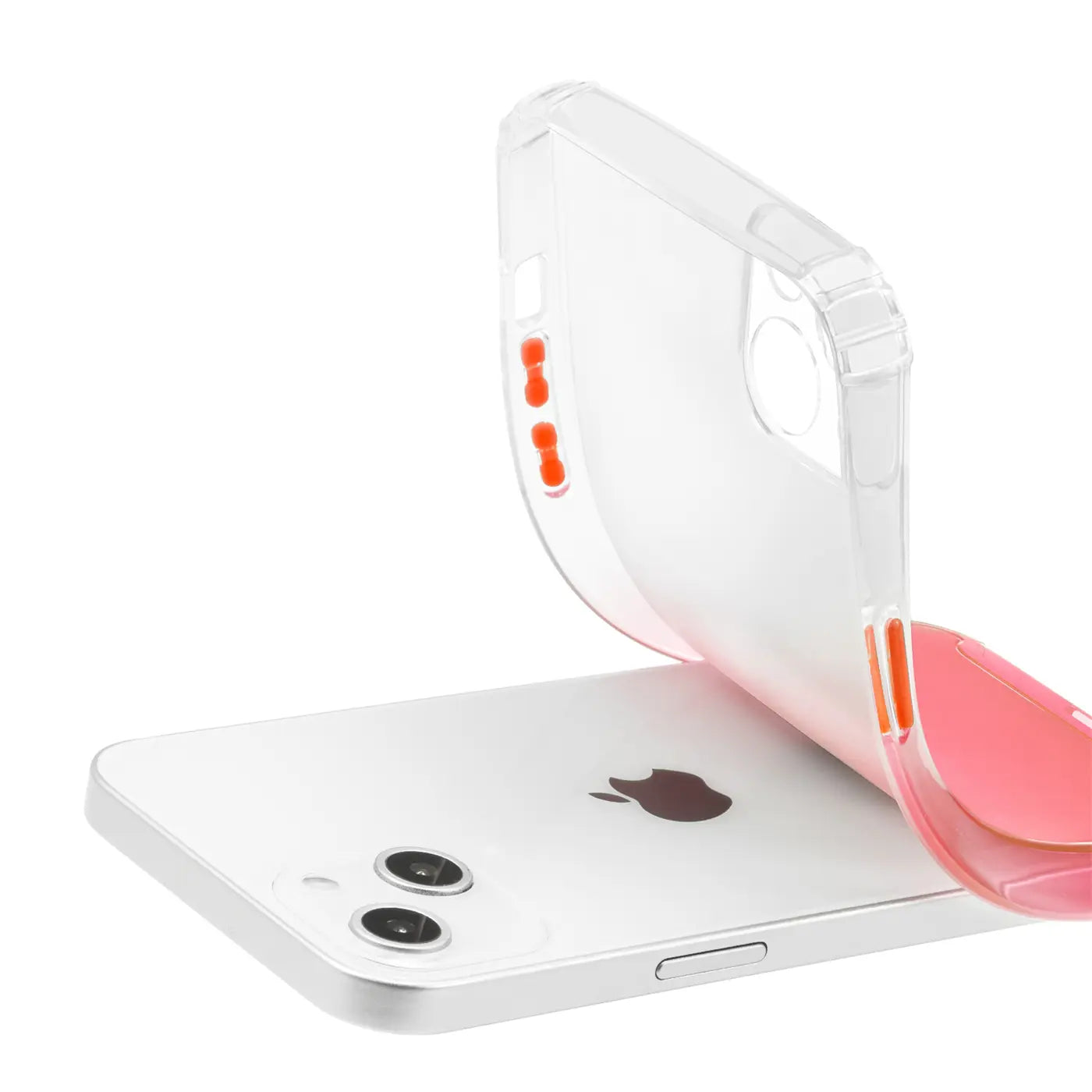 Transparente Hülle mit Farbverlauf (Rosa/Orange) auf weißem iPhone 14, Draufsicht.