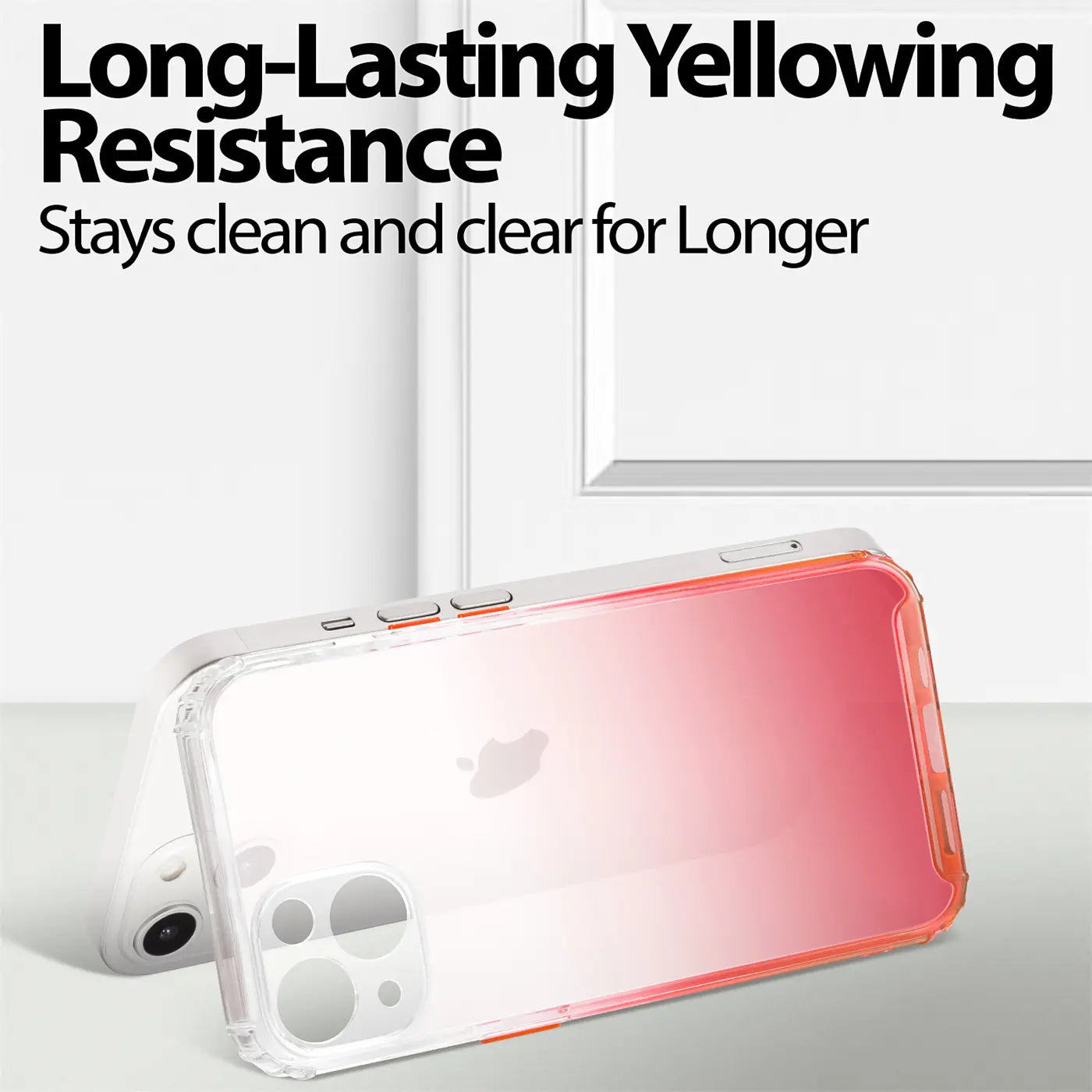 iPhone 14 Hülle, transparent mit Farbverlauf (pink/orange), von schräg oben, aus Kunststoff