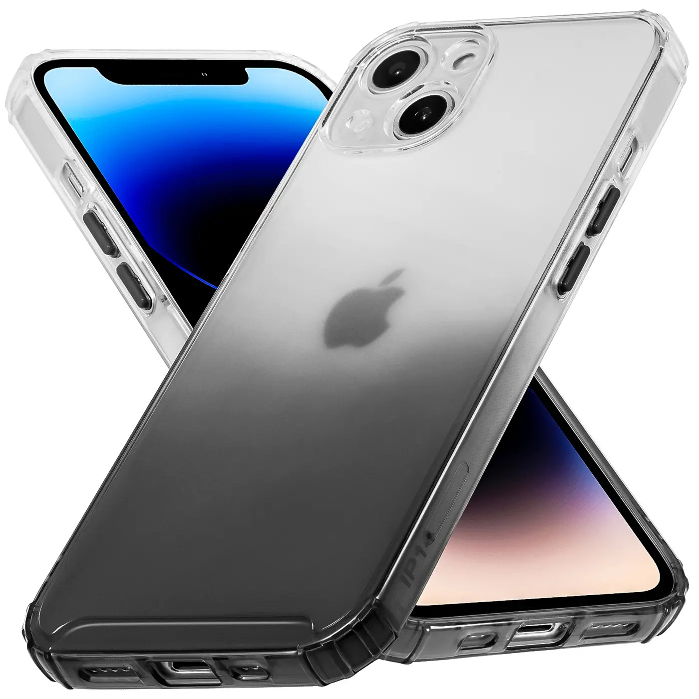 iPhone 14 mit Farbverlauf-Hülle, transparent/grau, von schräg oben, aus Kunststoff.
