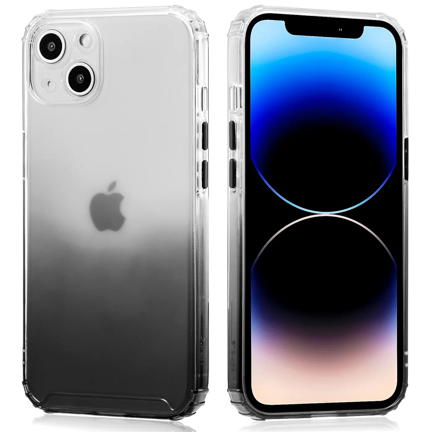 iPhone 14 Hülle, transparent mit Farbverlauf, von vorne und hinten gezeigt, aus Kunststoff.