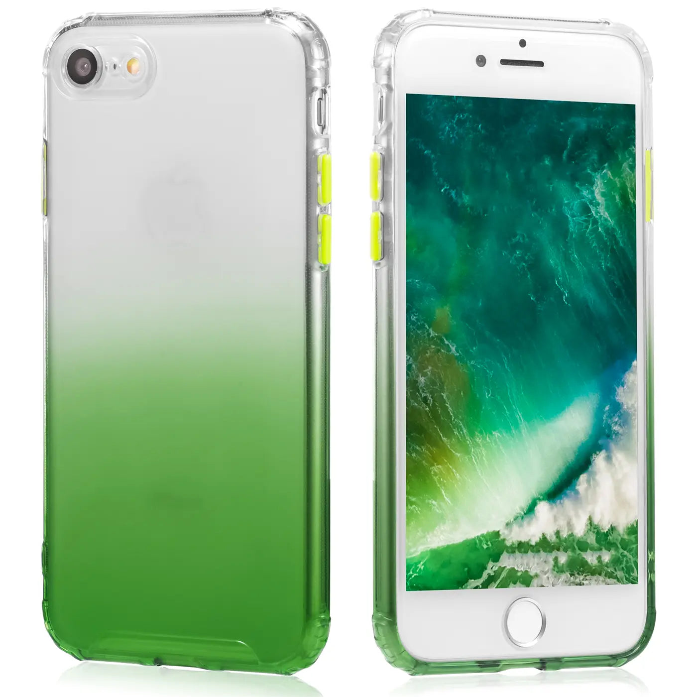 iPhone 7/8/SE Hülle, transparent, grün-weißer Farbverlauf, von vorne und hinten gezeigt