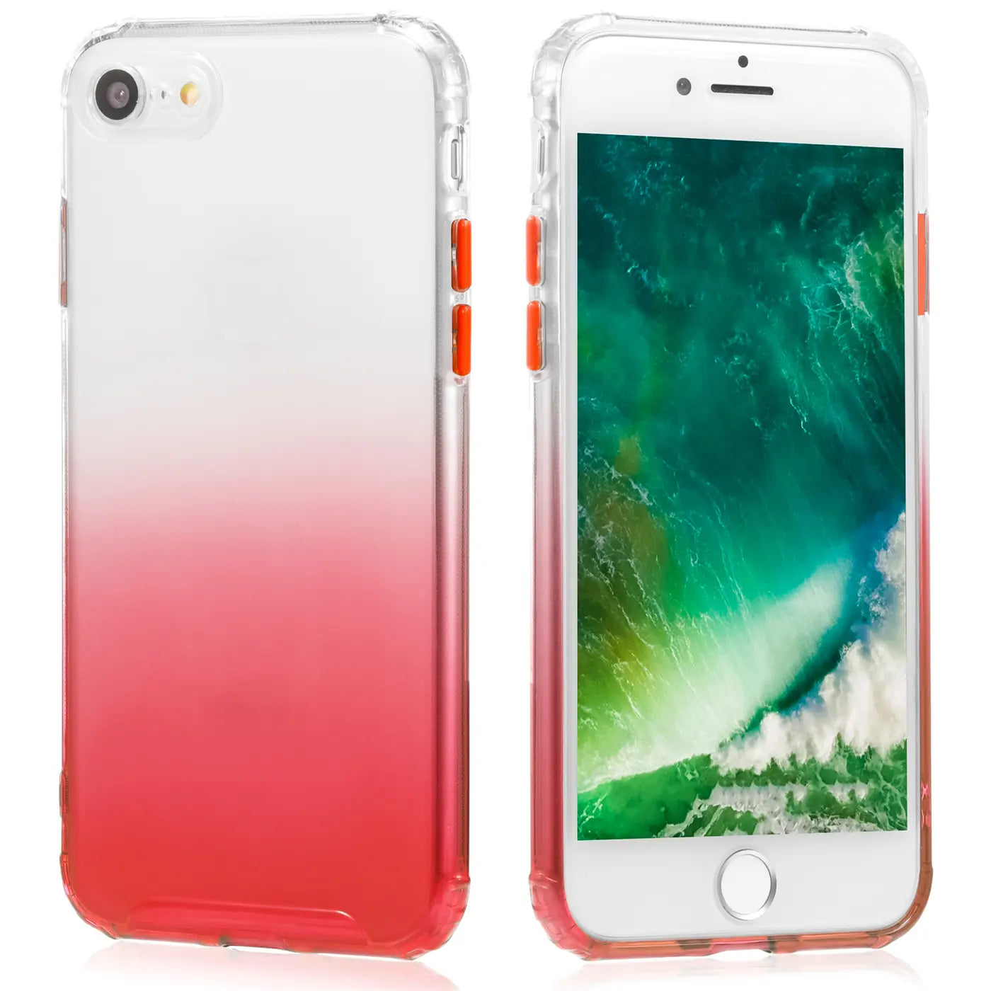 iPhone 7/8/SE Hülle, transparent mit Farbverlauf (rot), von vorne und hinten gezeigt.