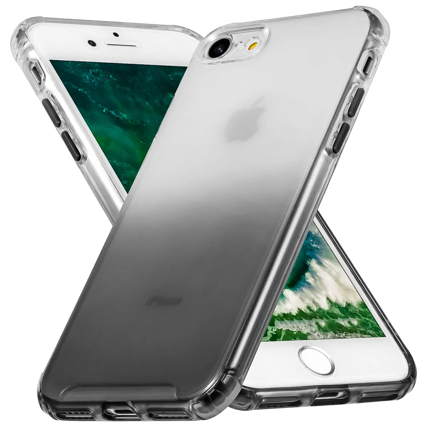 iPhone 7/8/SE Hülle, transparent, Farbverlauf grau, aus Kunststoff, von vorne schräg