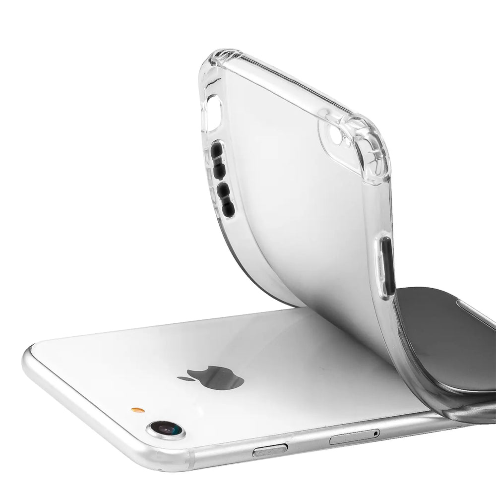 Transparente Silikonhülle über einem iPhone 7/8/SE, Seitenansicht
