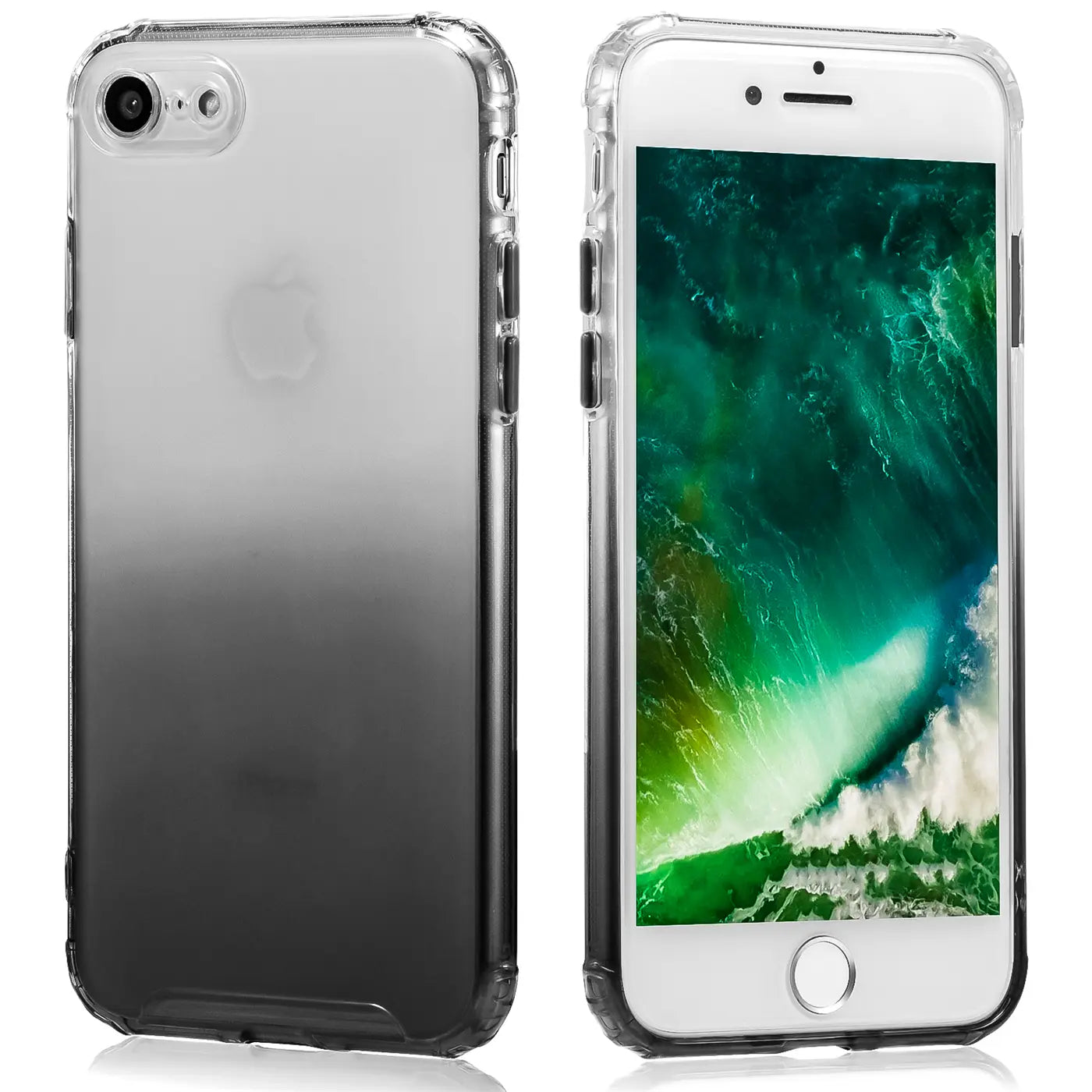 Zwei iPhone 7/8/SE Hüllen, eine Rückseite, eine Vorderseite, transparent mit Farbverlauf.