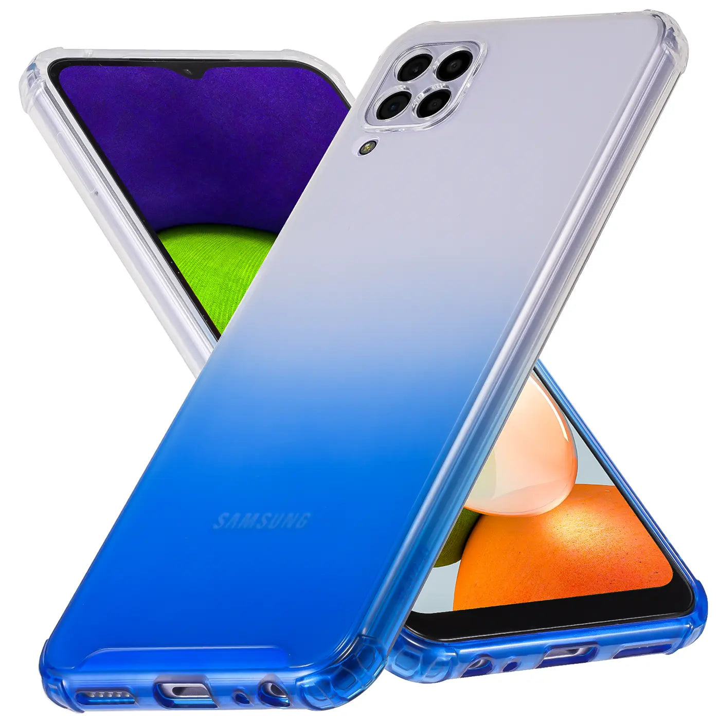 Transparente Hülle mit blauem Farbverlauf, aus Kunststoff, zeigt Samsung Galaxy A22 4G/M32/M22.