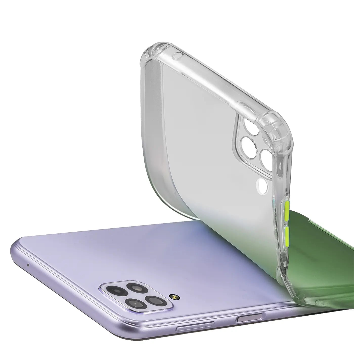 Transparente Hülle mit Farbverlauf (grün) aus Kunststoff, zeigt Rückseite eines lila Samsung Galaxy A22 4G.