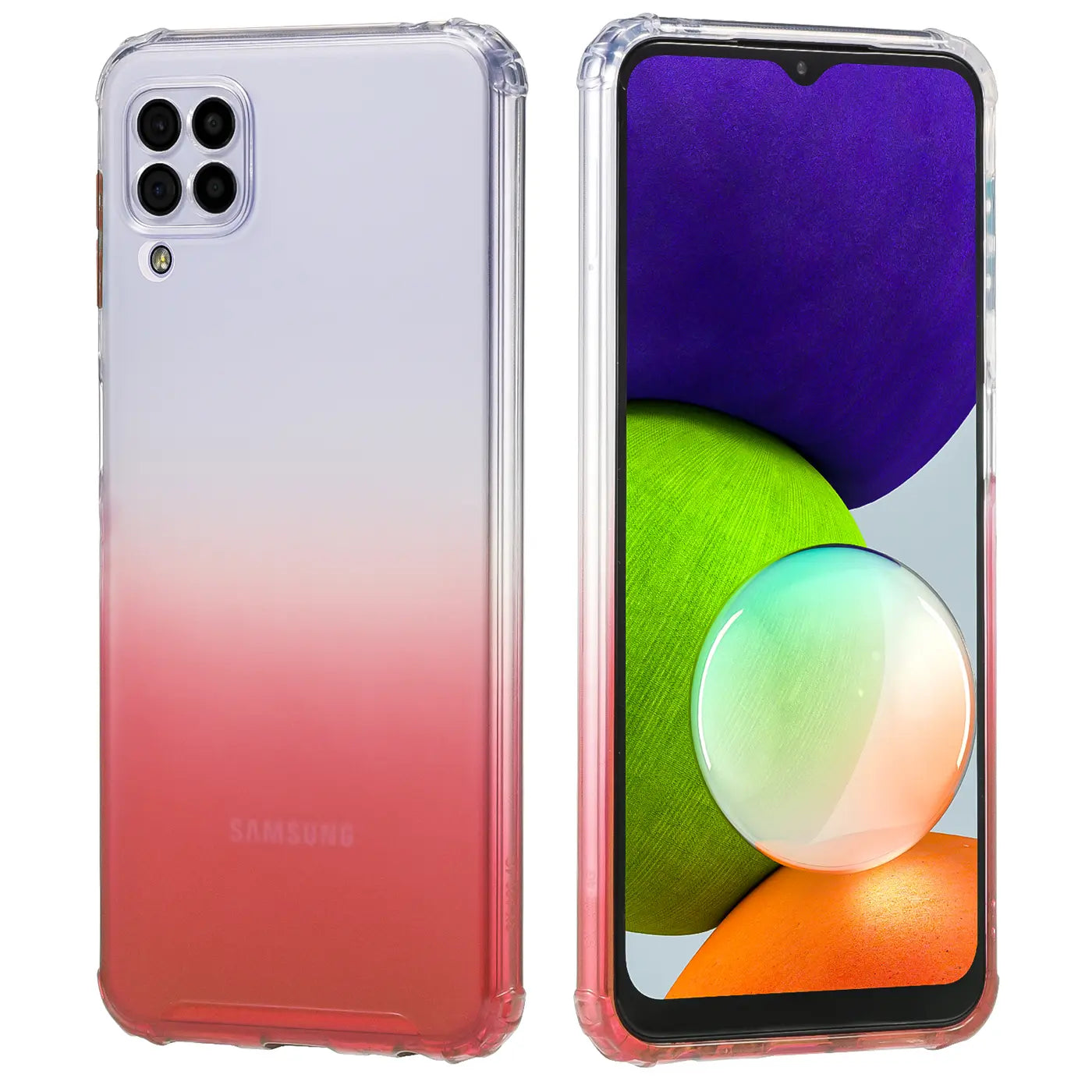 Samsung Galaxy A22 4G/M32/M22 Hülle, transparent, Farbverlauf Pink/Lila, Vorder- und Rückansicht.