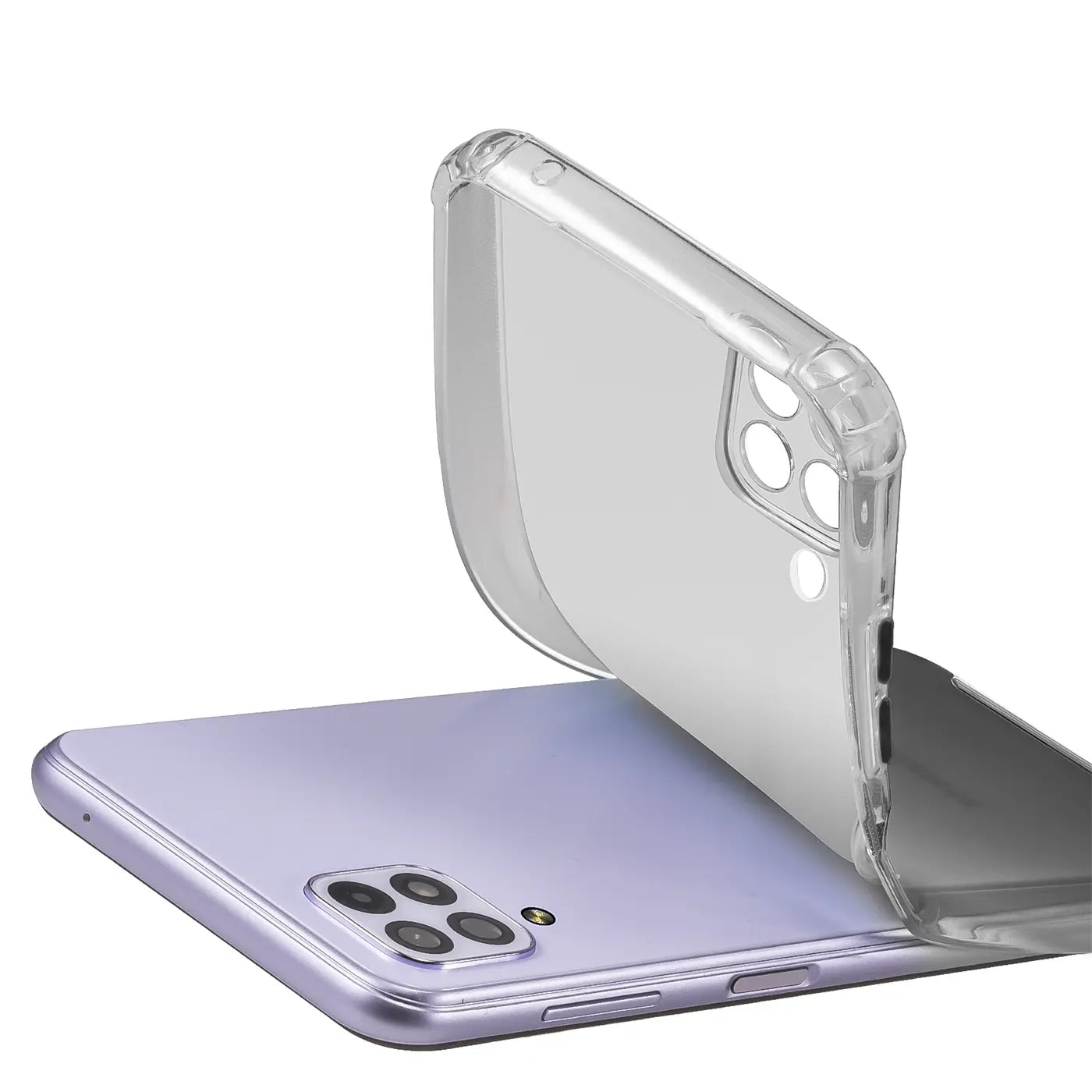 Transparente Hülle aus Kunststoff, wird auf ein lila Samsung Galaxy A22 4G aufgesetzt.