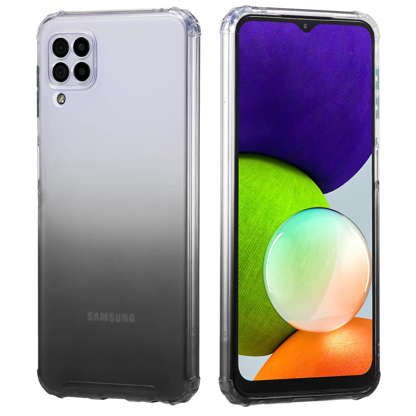 Samsung Galaxy A22 4G Hülle, transparent/grauer Farbverlauf, TPU, Vorder- und Rückansicht