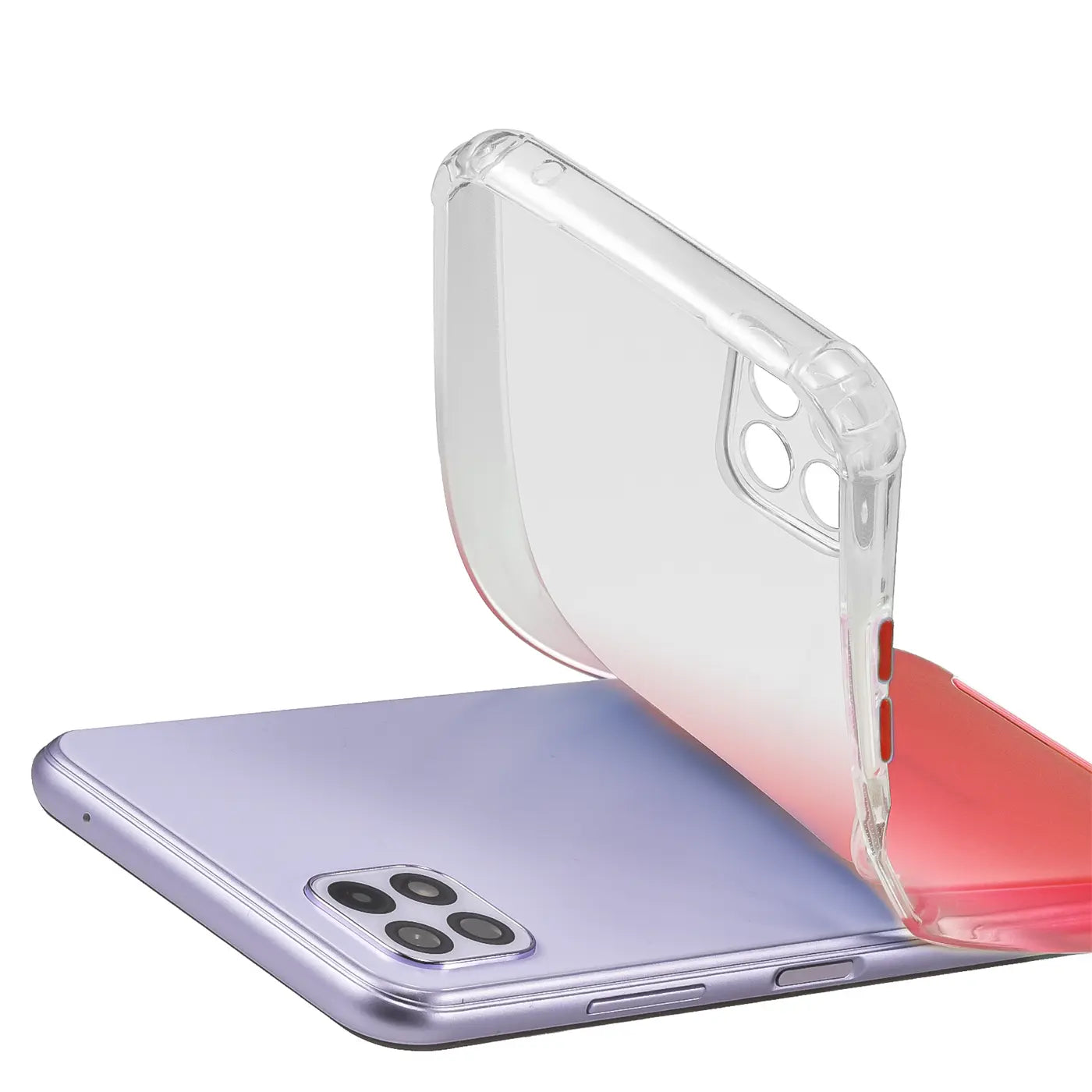 Transparente Hülle mit Farbverlauf (rot/klar) aus Kunststoff, wird auf ein lila Samsung Galaxy A22 5G gelegt.