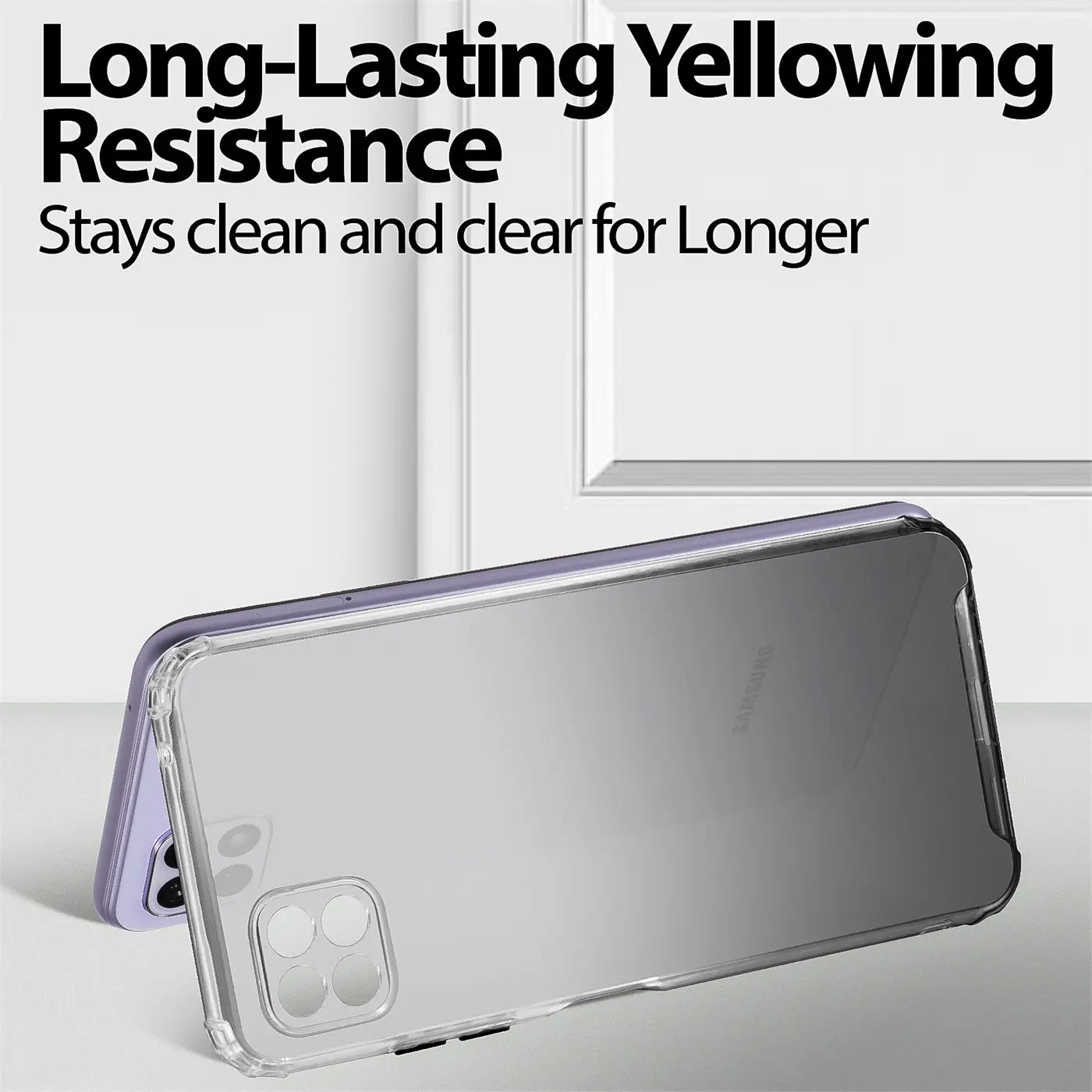 Lila/transparent Hülle aus Kunststoff für Samsung Galaxy A22 5G, von schräg oben.