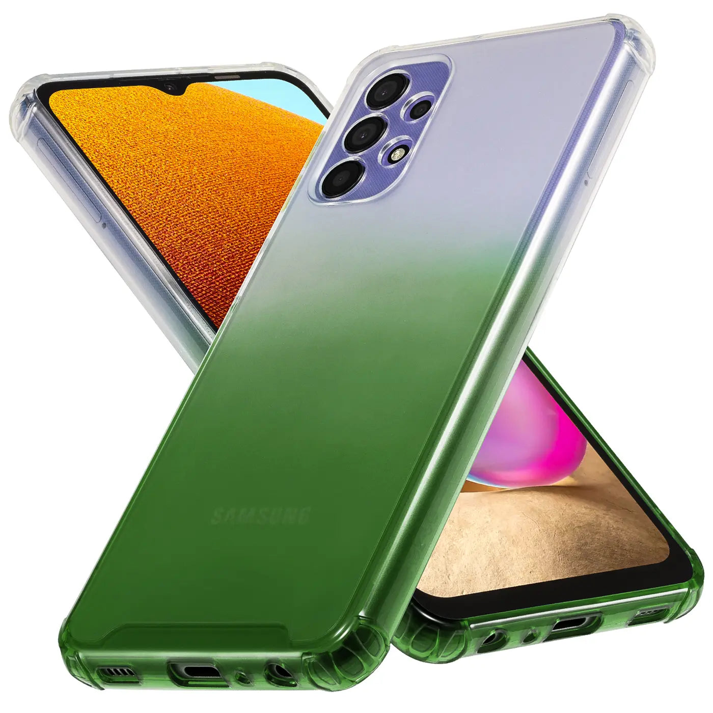 Transparente Hülle mit Farbverlauf (grün/lila) für Samsung Galaxy A32 5G, von schräg hinten.