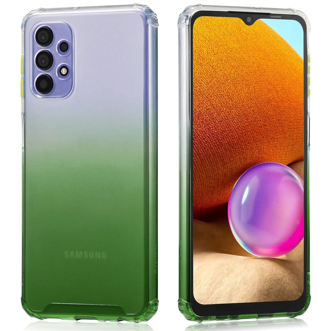 Samsung Galaxy A32 5G Hülle, transparent mit Farbverlauf (lila/grün), Rück- und Vorderansicht.