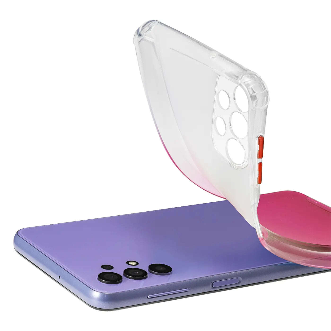 Samsung Galaxy A32 5G mit transparenter Hülle, Farbverlauf Pink, von oben betrachtet.