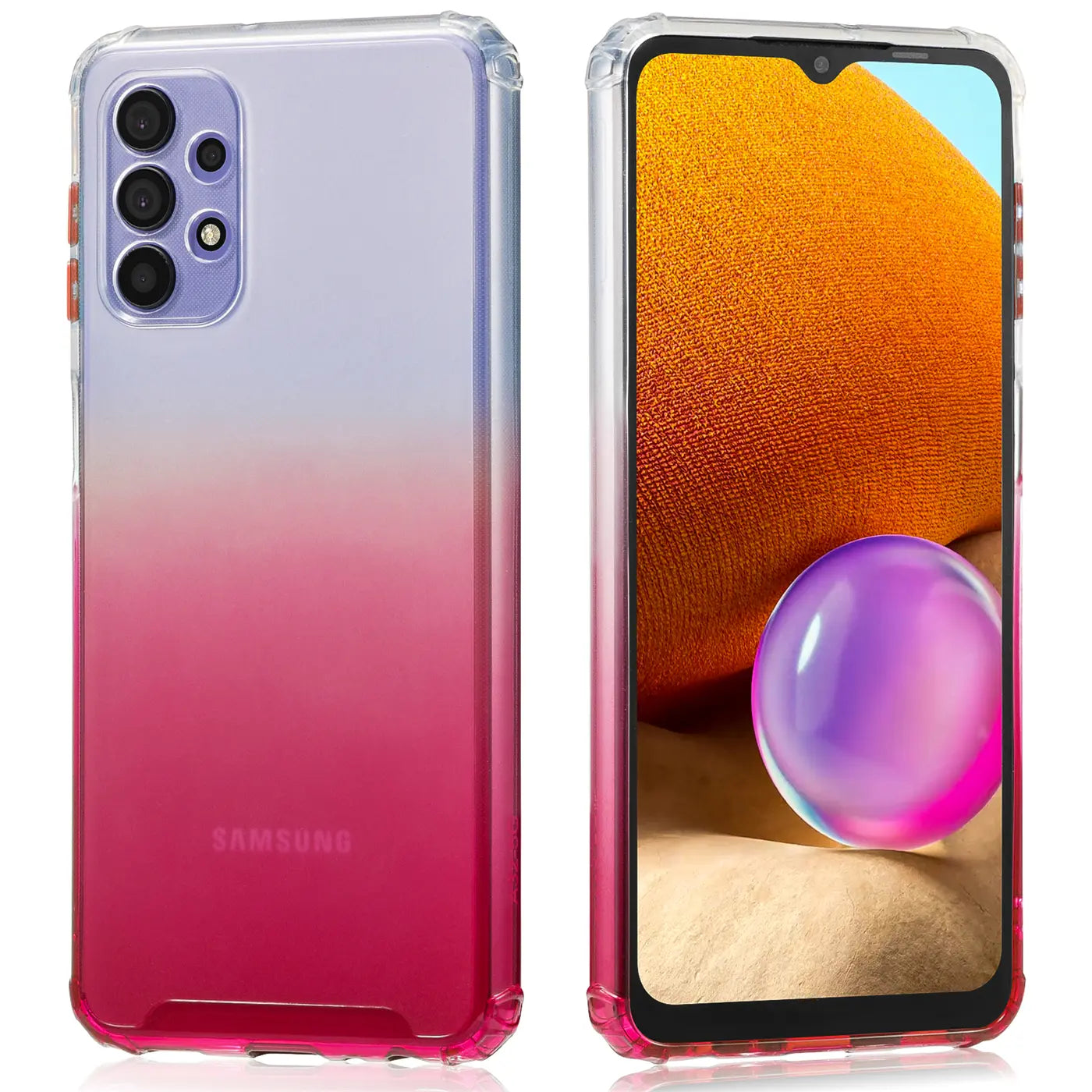 Samsung Galaxy A32 5G Hülle, pink/lila Farbverlauf, transparent, Vorder- und Rückansicht