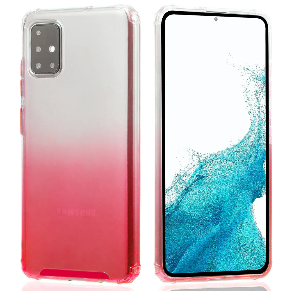 Samsung Galaxy A51 Hülle, transparent mit pinkem Farbverlauf, von vorne und hinten gezeigt