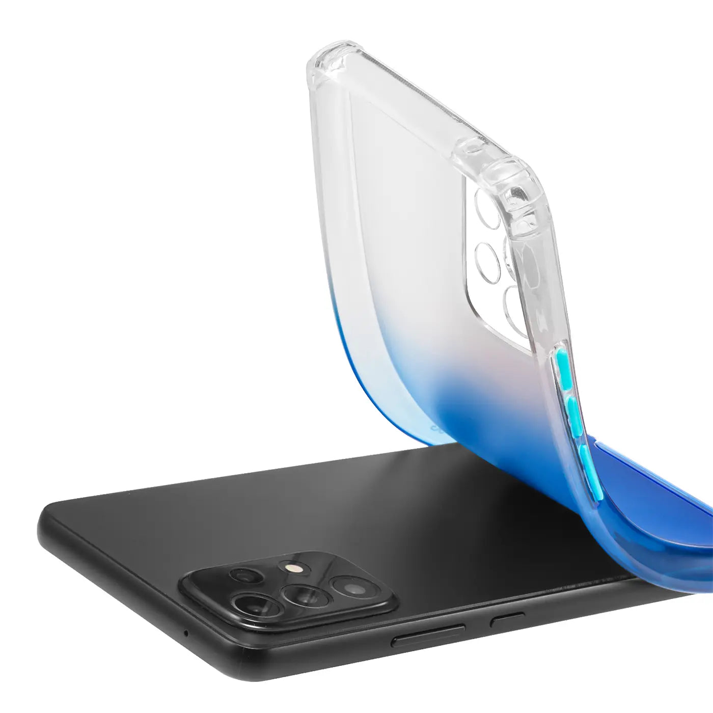 Transparente Hülle mit blauem Farbverlauf, auf einem schwarzen Samsung Galaxy A52.