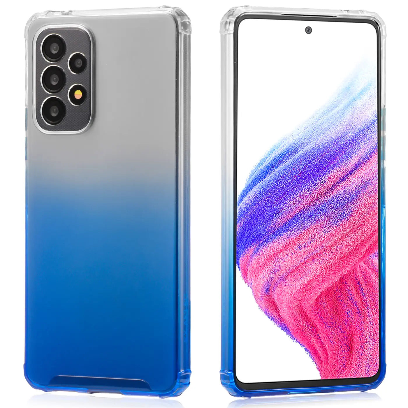 Samsung Galaxy A52 Hülle, blau-grauer Farbverlauf, transparentes TPU, Vorder- und Rückansicht.