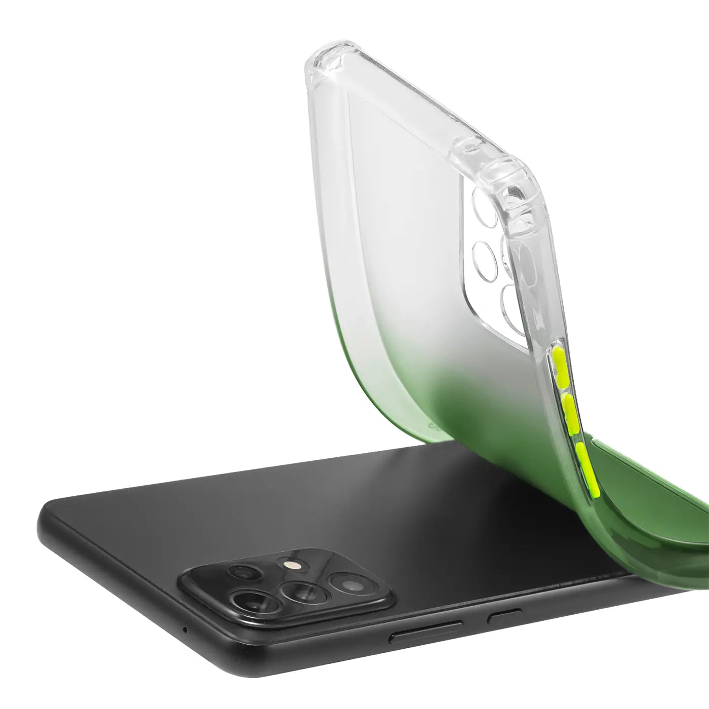 Transparente Hülle mit grünem Farbverlauf auf schwarzem Samsung Galaxy A52.