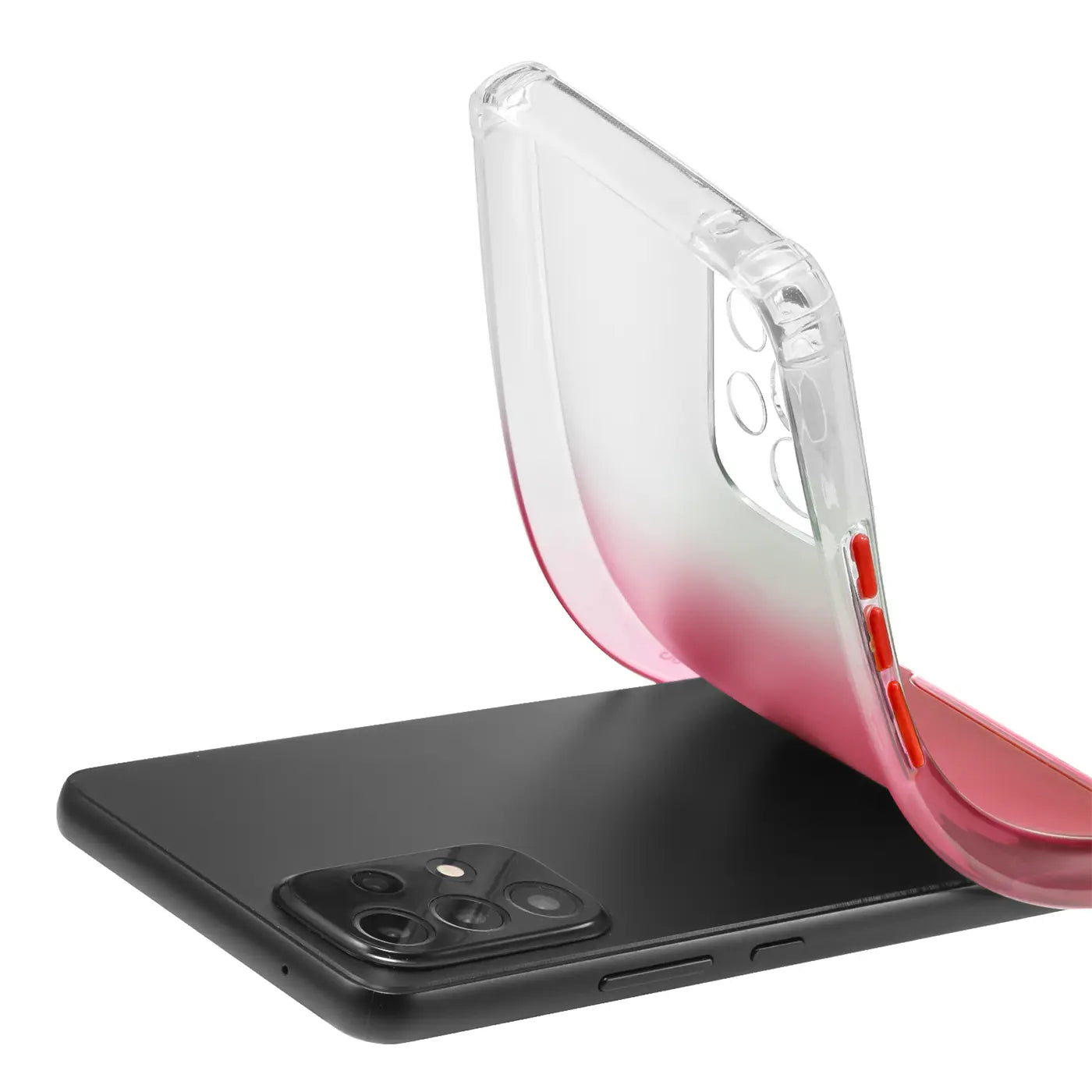 Transparente Hülle mit Farbverlauf (rot/weiß), TPU, von oben, auf schwarzem Samsung A52.