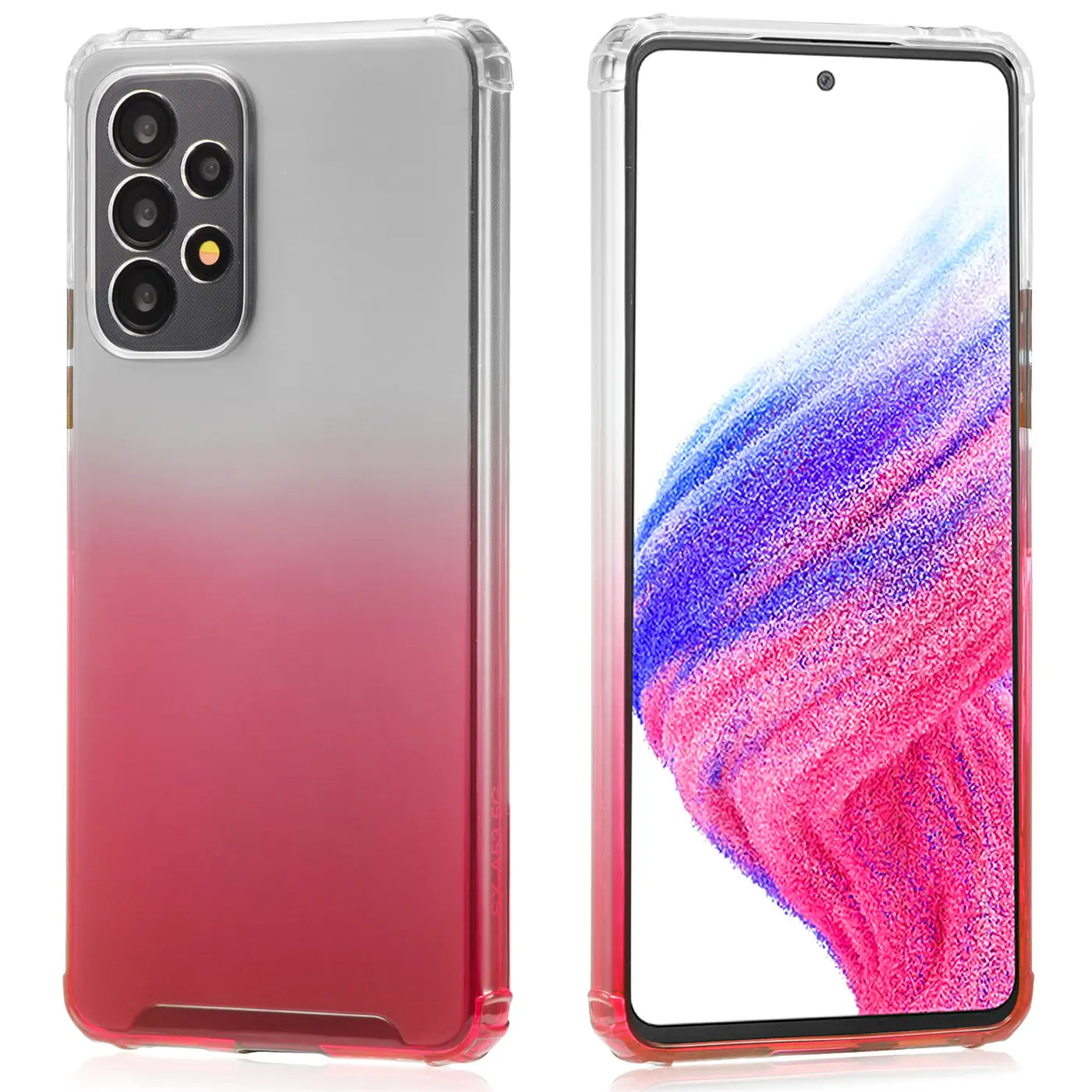 Samsung A52 Hülle, Farbverlauf rot/silber, transparent, Rück- und Vorderansicht