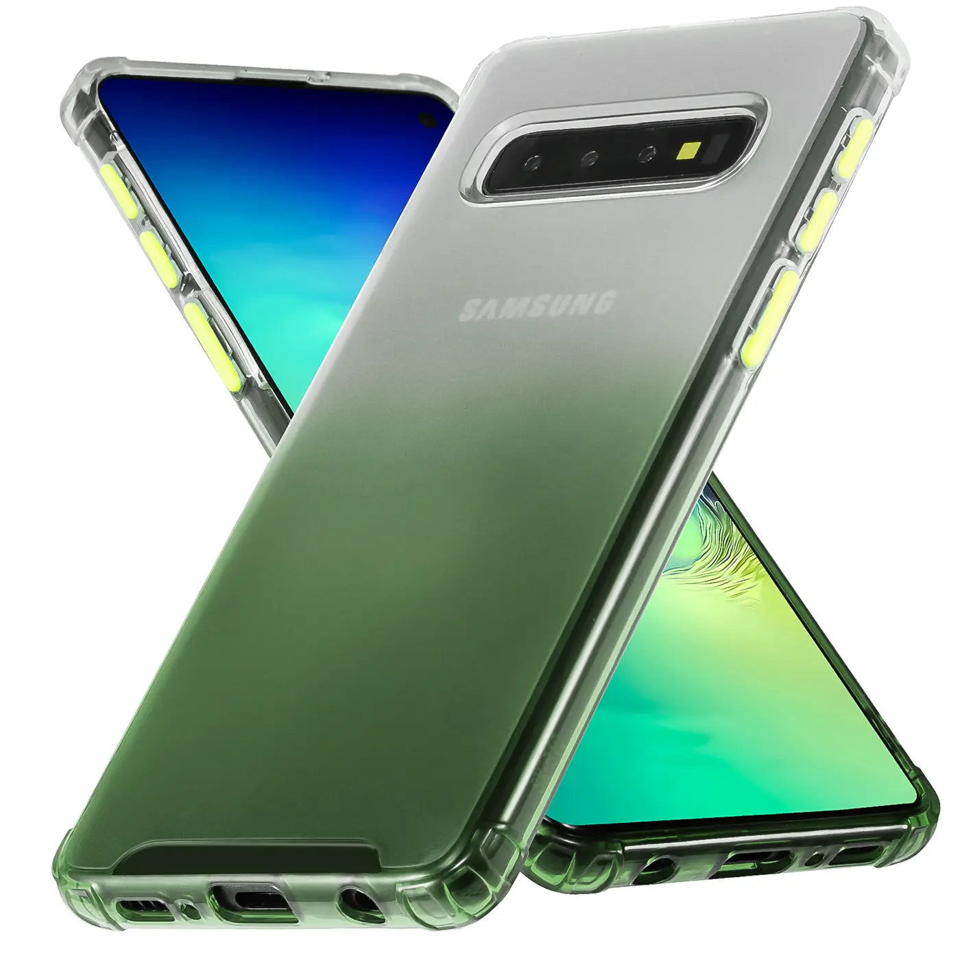 Samsung S10 Hülle, transparent mit grünem Farbverlauf, von vorne und hinten gezeigt, aus Kunststoff.