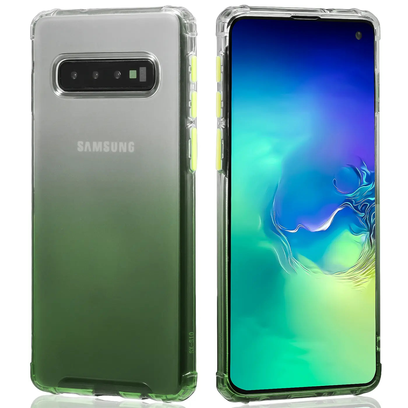Samsung Galaxy S10 mit Farbverlauf-Hülle, grün/transparent, Kunststoff, Rück- und Vorderansicht.