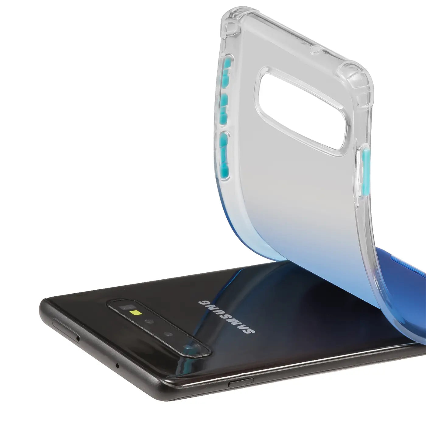 Samsung Galaxy S10 Plus mit transparenter Farbverlauf-Hülle, blau, von oben